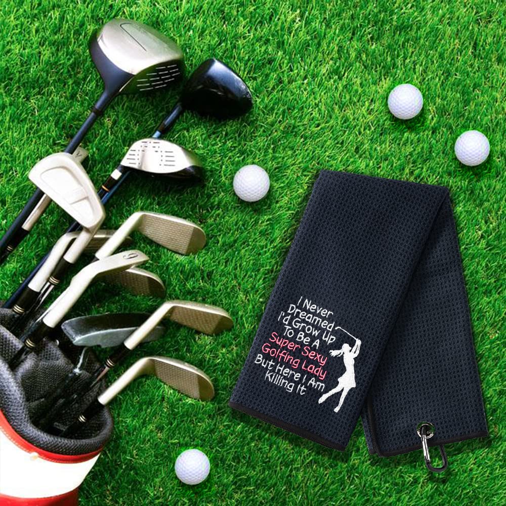 Funny Embroidered Golf Towel with Clip - Super Sexy Lady Design for Golf Bags | Perfect Golf Gift for Men & Women | Birthday, Retirement Gift Idea for Golf Lovers | Great for Course, Practice & Clubhouse Use