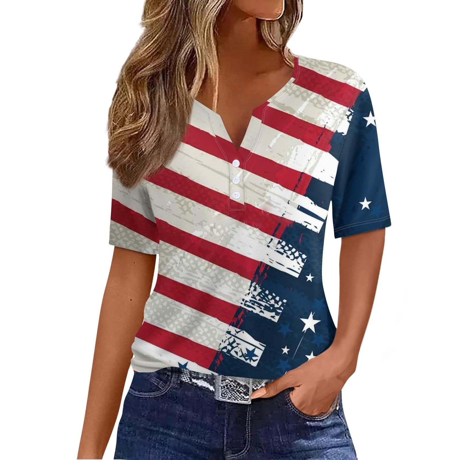 Women's Patriotic American Flag Shirt - Stars & Stripes Graphic Blouse for 4th of July, Summer Tops | Perfect for Independence Day Celebrations, BBQ Parties & Casual Outings