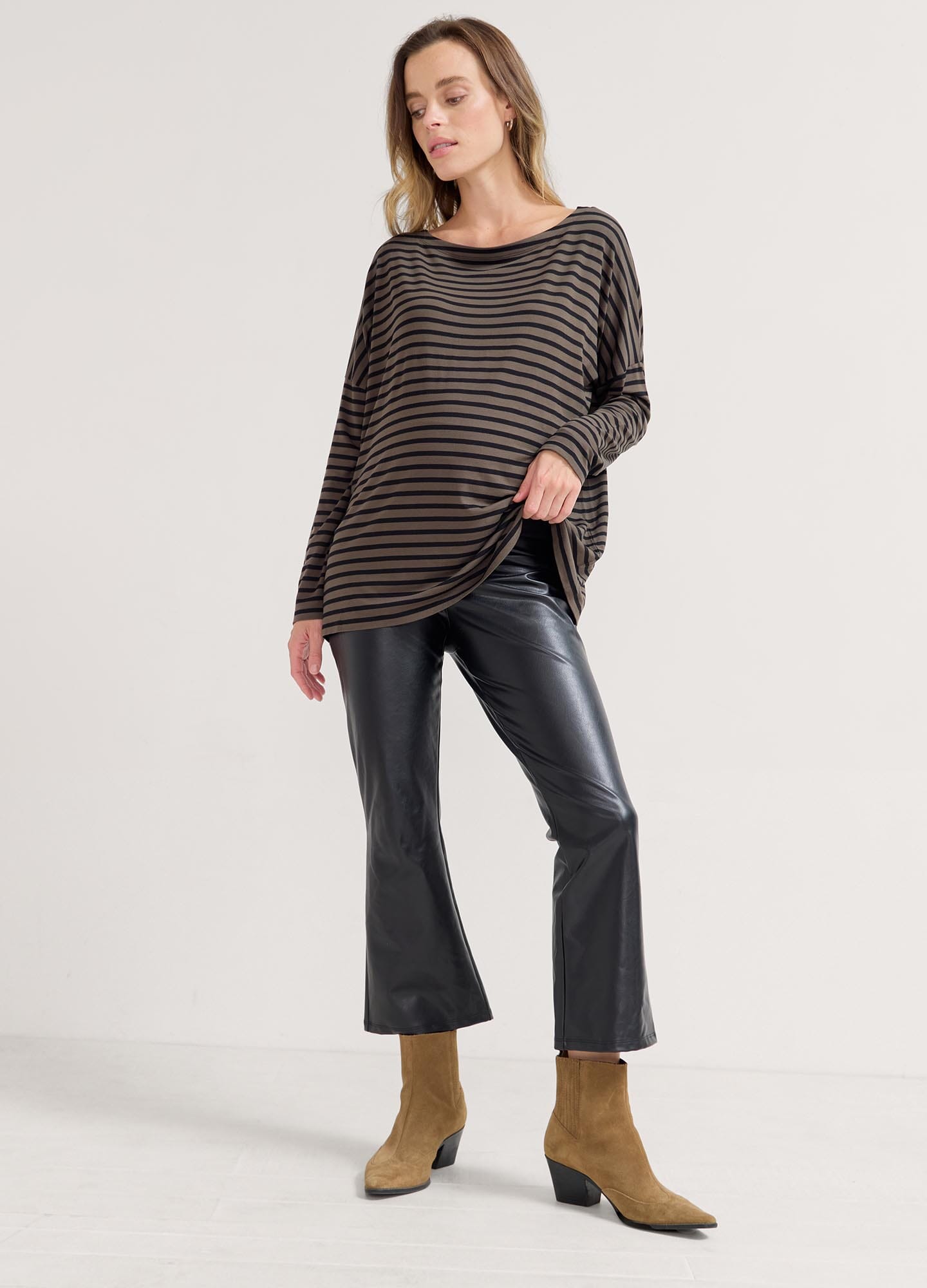 Vegan Stretch Leather Crop Flare Pants - Women's High Waisted Faux Leather Trousers for Casual Wear & Night Out