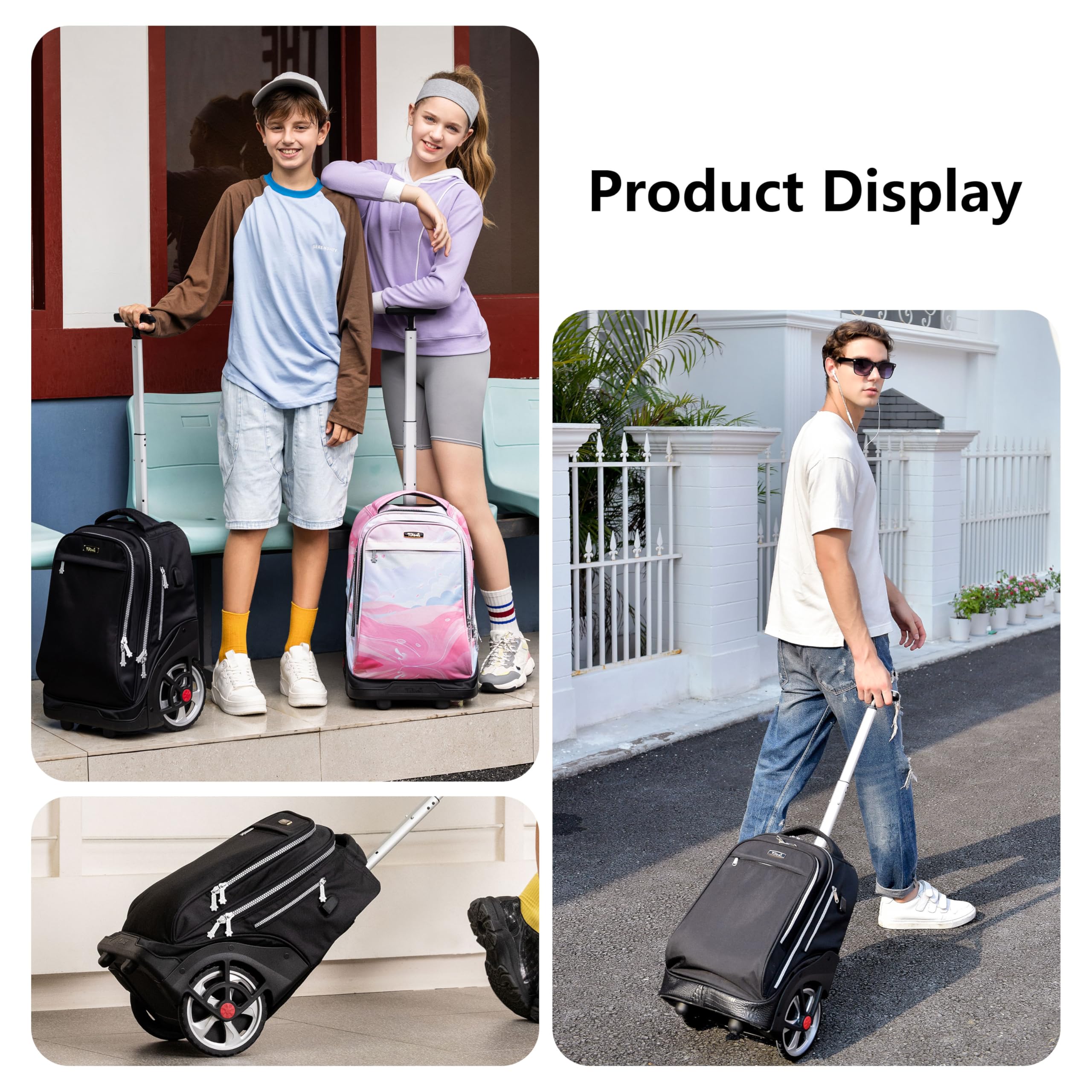 TILAMI 19 Inch Rolling Backpack with Lunch Compartment - Wheeled Laptop Backpack for Travel, School & Work - Durable Carry-On Bookbag with Wheels for Men & Women (Black) | Perfect for Business Trips, College Students & Daily Commute