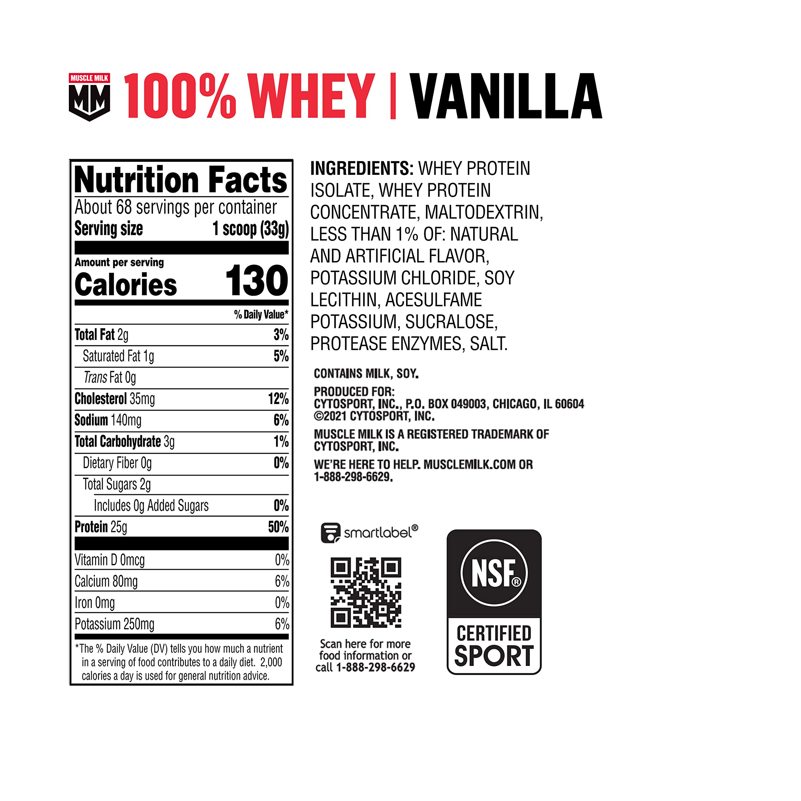 Muscle Milk 100% Whey Protein Powder - Vanilla Flavor (5lb, 68 Servings) | 25g Protein, 2g Sugar, Low Fat | NSF Certified for Sport | Post-Workout Recovery & Energy Boost | Ideal for Gym, Weight Training & Healthy Snacking | Packaging May Vary
