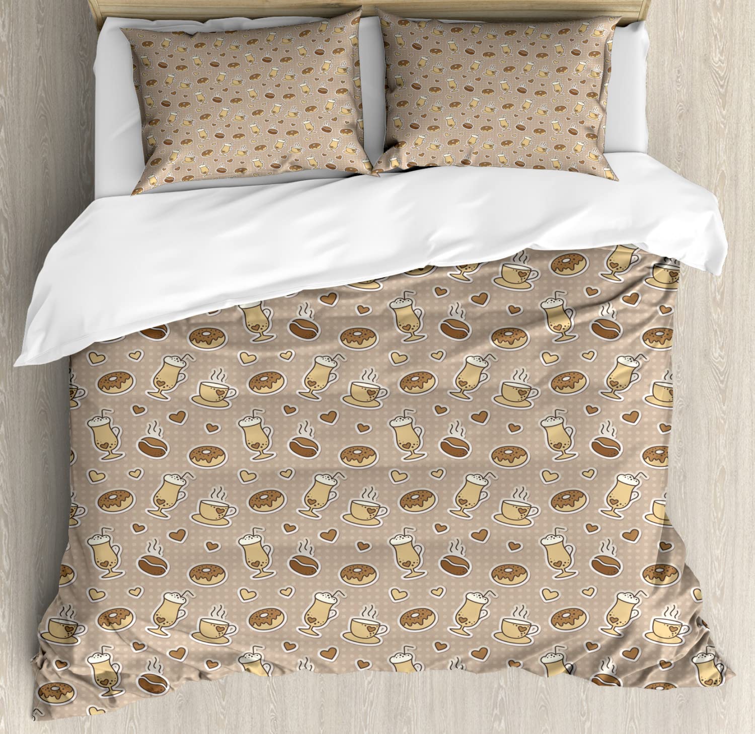 Lunarable Coffee Themed Duvet Cover Set - Polka Dot Hearts, Cups & Donuts Doodle Design - 2 Duvet Covers & 4 Pillowcases - 2 Pack California King Size in Brown/Taupe - Perfect for Coffee Lovers' Bedroom Decor