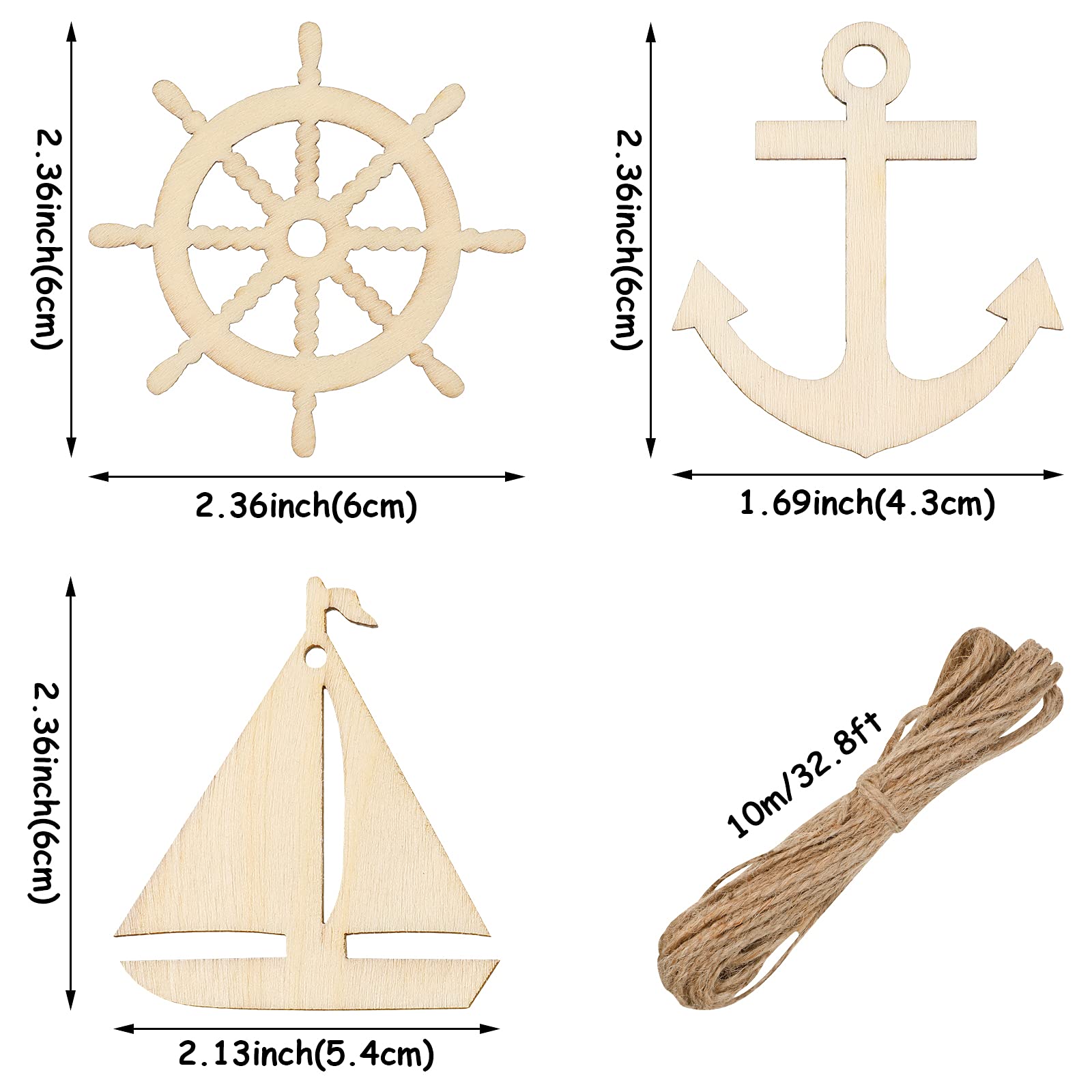 Unfinished Wooden Anchor and Sailboat Wheel Cutouts - 30-Piece Nautical DIY Craft Kit for Hanging Ornaments, Home Decor, Cruise & Bachelorette Party Supplies - Perfect for Painting, Scrapbooking, and Coastal-Themed Events