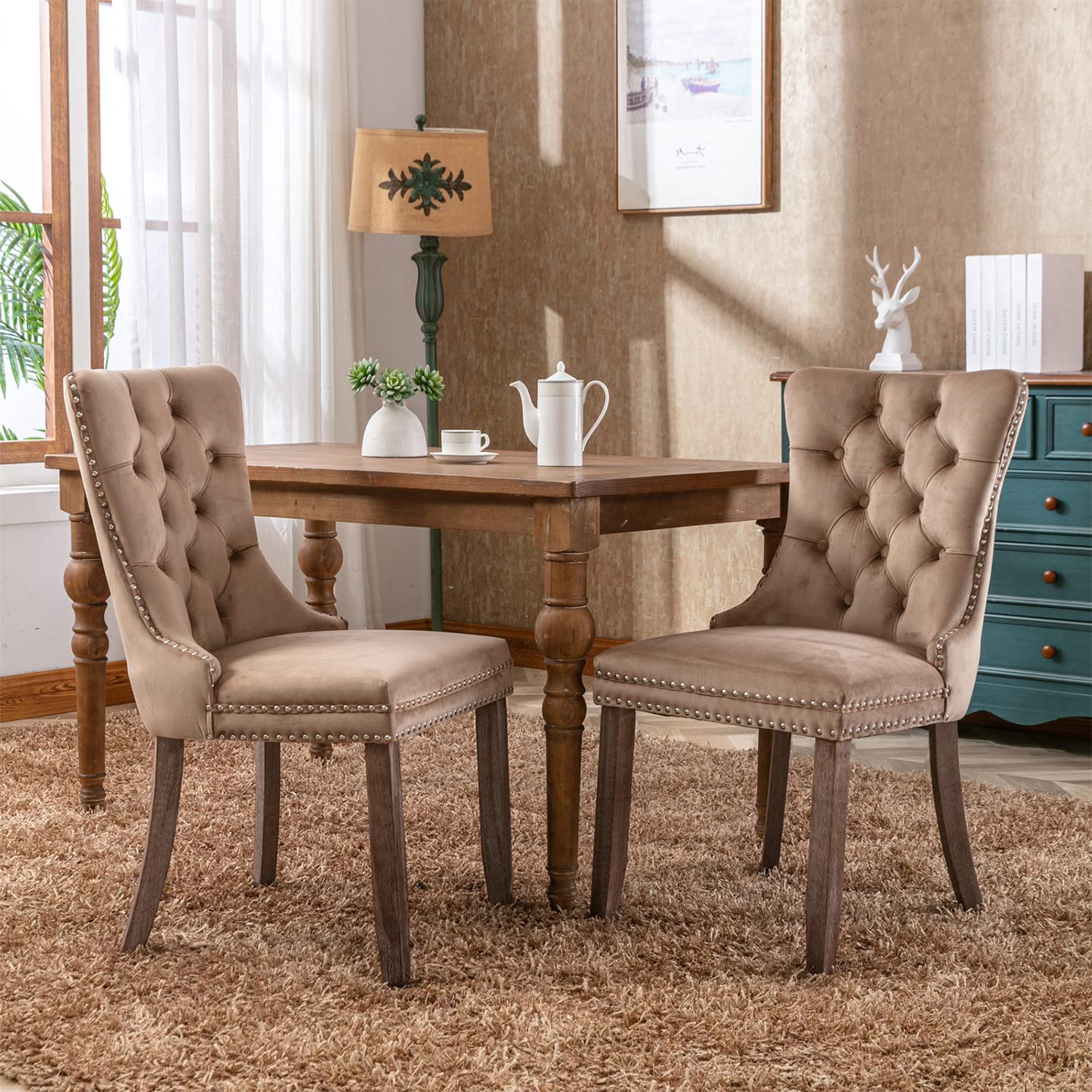 Virabit Velvet Dining Chairs Set of 2 - Tufted Upholstered Kitchen Chairs with Nailhead Trim & Solid Wood Legs, Elegant Accent Chairs for Dining Room, Bedroom or Office (Khaki) | Perfect for Modern Home Decor & Entertaining Guests