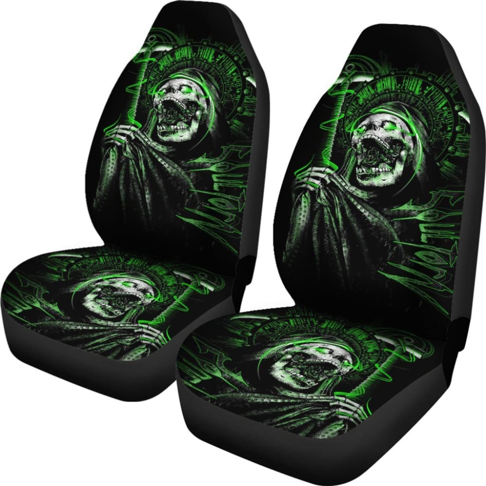2 Pcs Gothic Green Skull Car Seat Covers - Universal Fit for Cars, Trucks & SUVs - Unique Halloween & Punk Style Auto Accessories - Perfect for Car Enthusiasts & Horror Fans