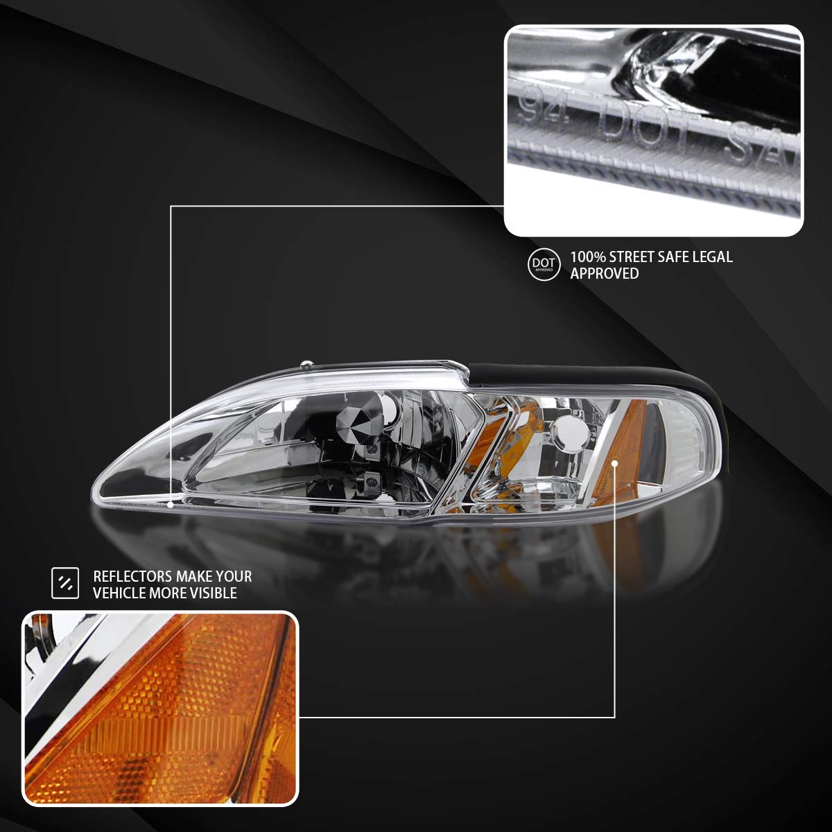 AUTOZENSATION 1994-1998 Ford Mustang Headlights & Corner Lights Pair - Chrome Housing with Clear Lens (Left & Right) - Perfect for Restoration Projects & Night Driving