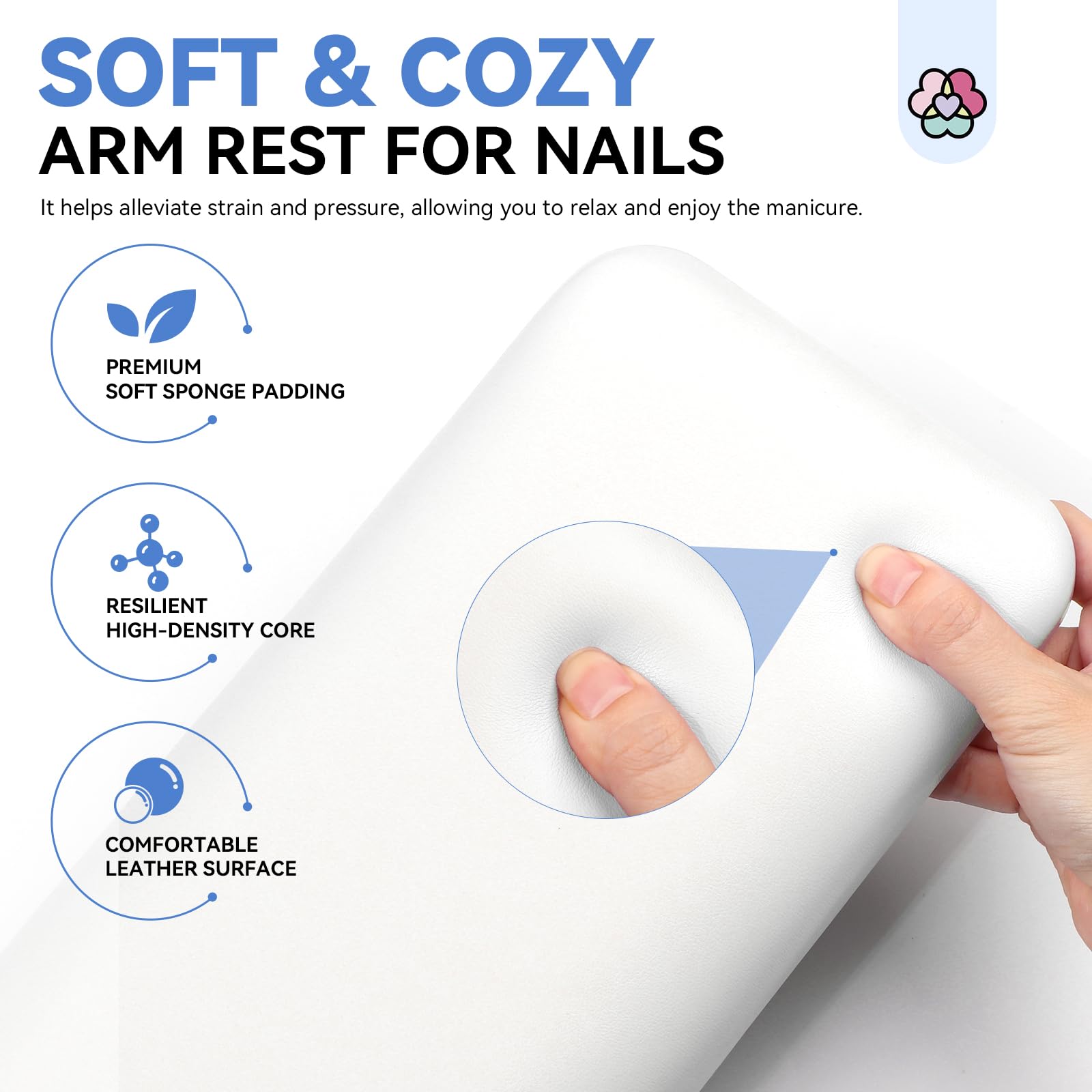 SAVILAND Professional Nail Tech Arm Rest with Microfiber Leather Mat - White Super-Comfort Hand Pillow Cushion for Salon & Manicure - Perfect for Nail Artists, Gel Polish Application & Pedicure Services