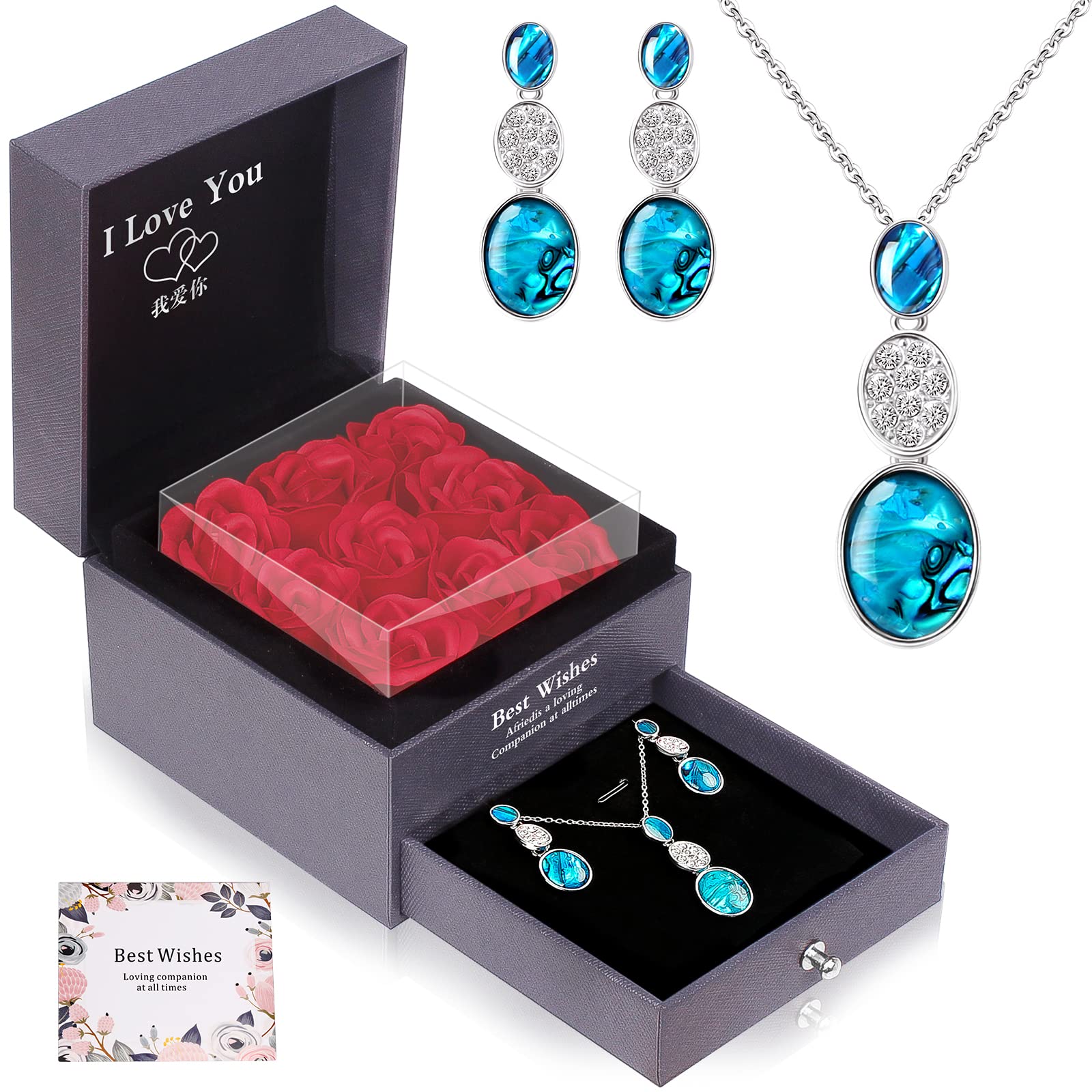Eternal Preserved Rose Gift Set with Necklace & Earrings - Luxury Birthday Anniversary Valentine's Day Christmas Present for Women, Wife, Girlfriend | Perfect for Romantic Occasions, Home Decor, and Special Celebrations