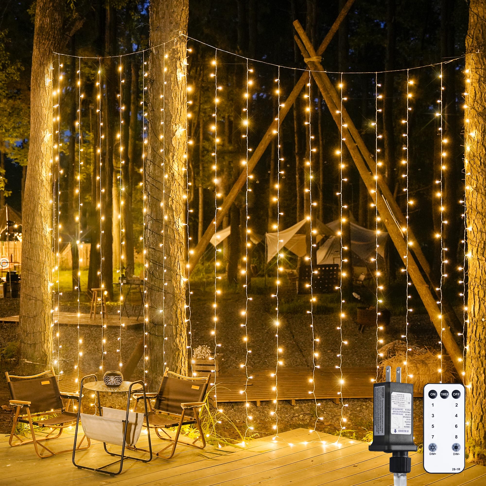 JMEXSUSS 900LED Outdoor Christmas Curtain Lights - 9.5x29.5ft Waterproof String Lights with Remote Control, Warm White Plug-in Hanging Lights for Wedding, Bedroom, Wall Decor, Camping & Holiday Party Backdrop
