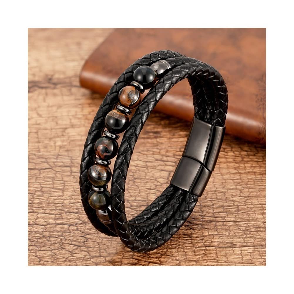 Premium 8mm Multilayer Leather & Beaded Bracelet for Men & Women - Adjustable 21cm Length, Blue Metal Beads - Perfect for Casual Wear, Gifts & Boho Fashion Accessories