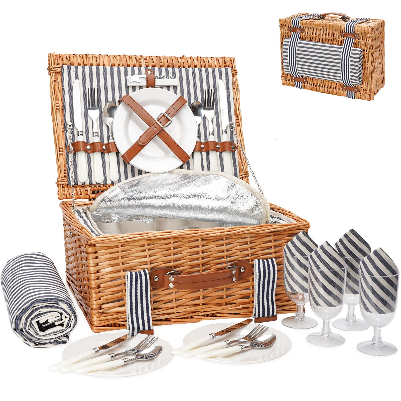 Handmade Willow Picnic Basket Set for 4 Persons with Insulated Cooler, Cutlery Kit & Blanket - Perfect for Couples, Valentine's Day, Birthday, Wedding Gifts - Ideal for Outdoor Picnics, Beach Trips, Camping and Romantic Dates