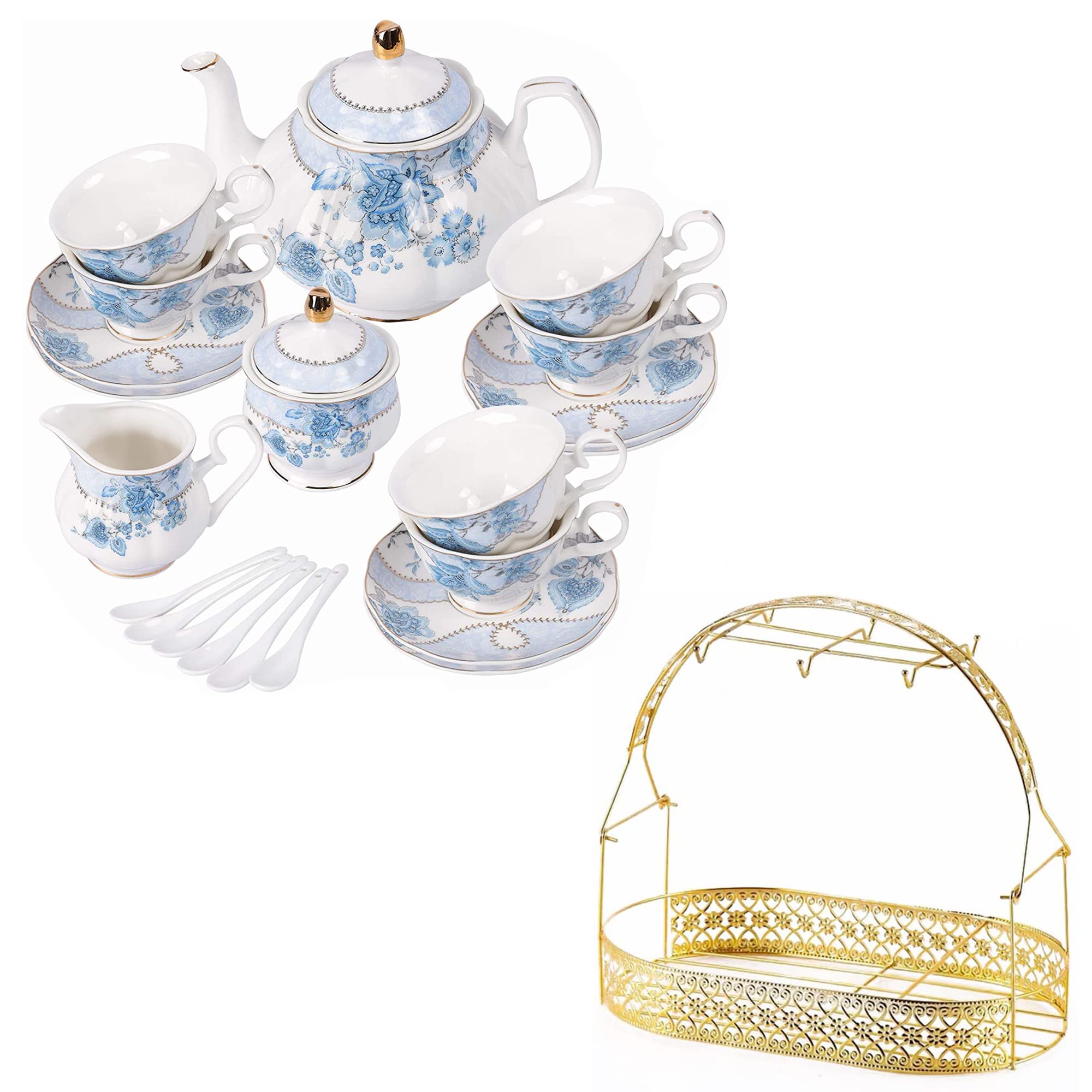 Fanquare Blue Floral Porcelain Tea Set for 6 with Golden Metal Coffee Mug Holder - Elegant Afternoon Tea Party & Coffee Break Set for Home, Office or Gift