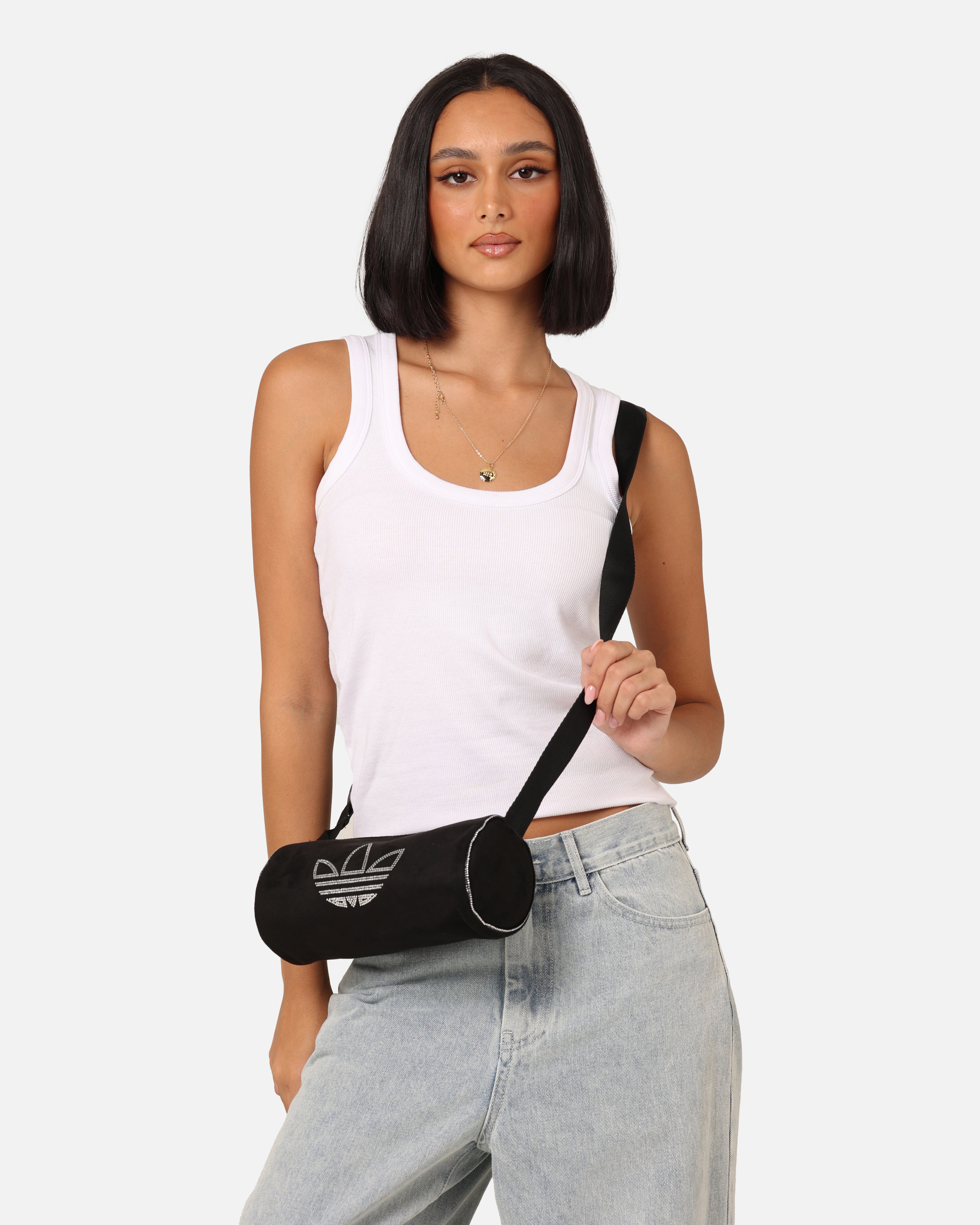 Adidas Rhinestone-Embellished Faux Suede Mini Duffel Bag for Women - Stylish Black Gym Bag for Workout, Travel & Weekend Getaways