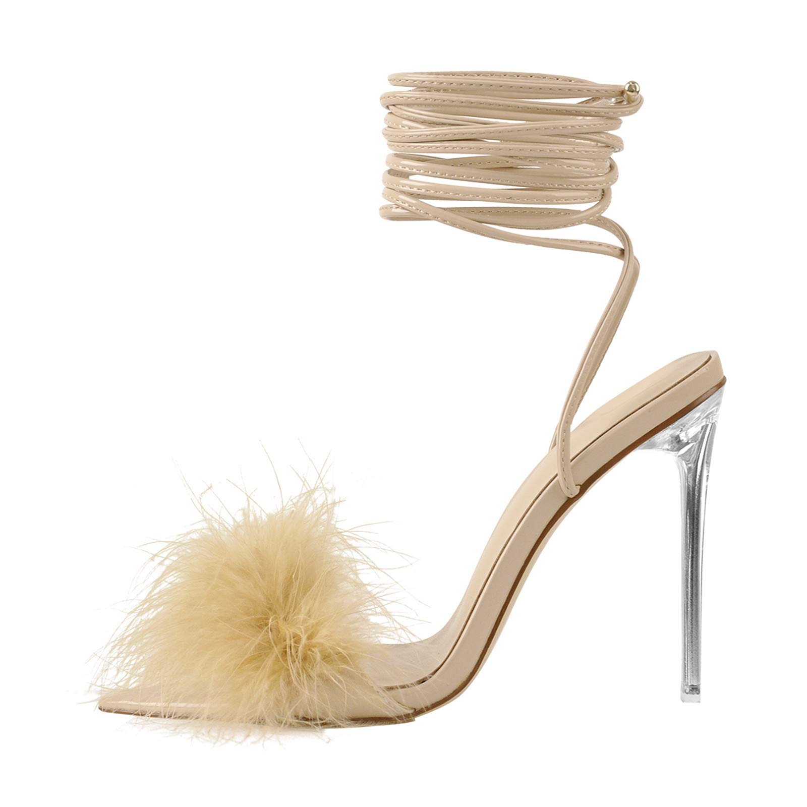 Richealnana Women's Fluffy Feather Pointed Toe Clear Heel Sandals - Elegant Party Shoes for Weddings, Prom, Evening Events & Special Occasions