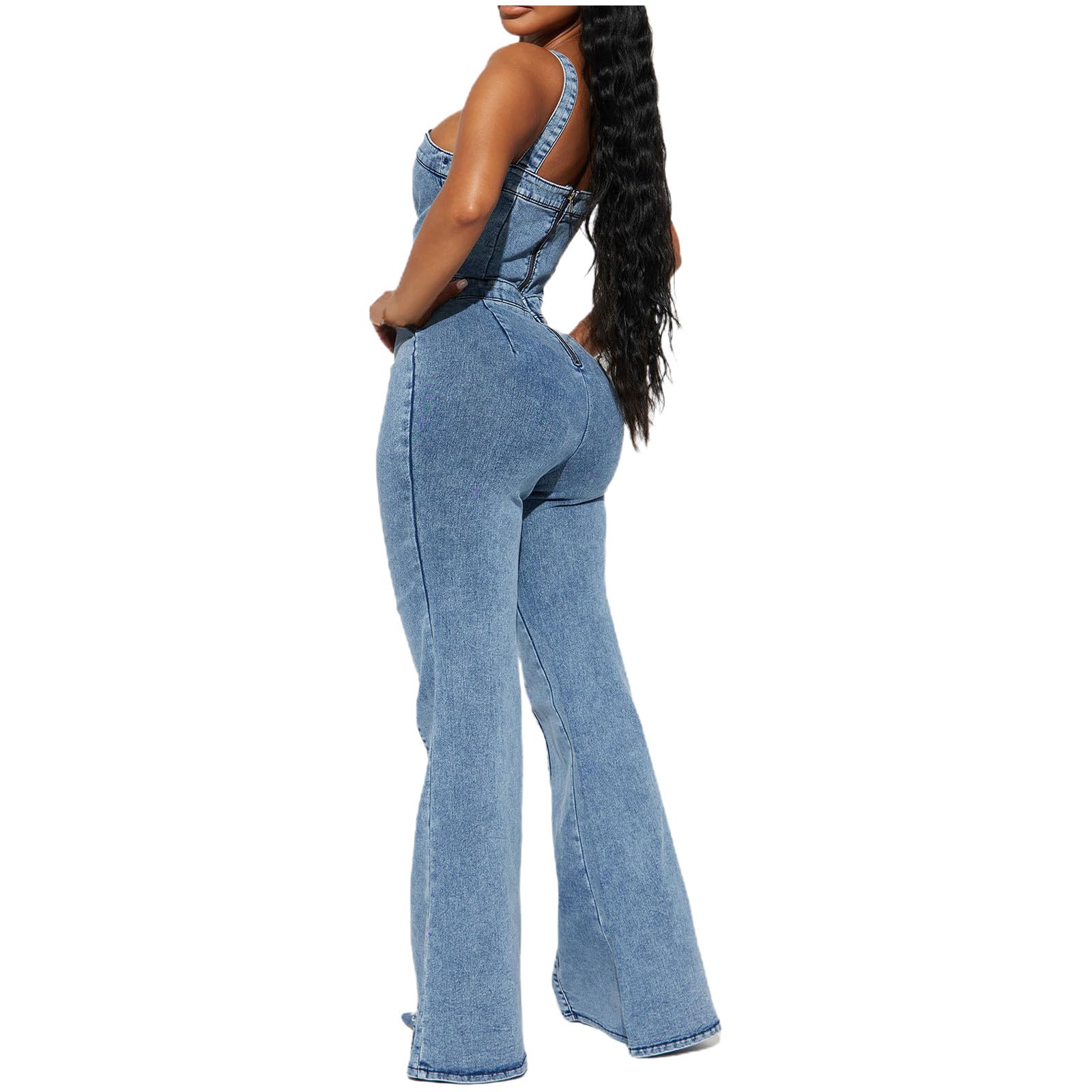 BTDECLAR Women's Denim Jumpsuit - Summer Casual Spaghetti Strap Romper with Zipper Back & Wide Leg Bell Bottoms | Skinny Jeans Overalls for Beach, Party & Everyday Wear