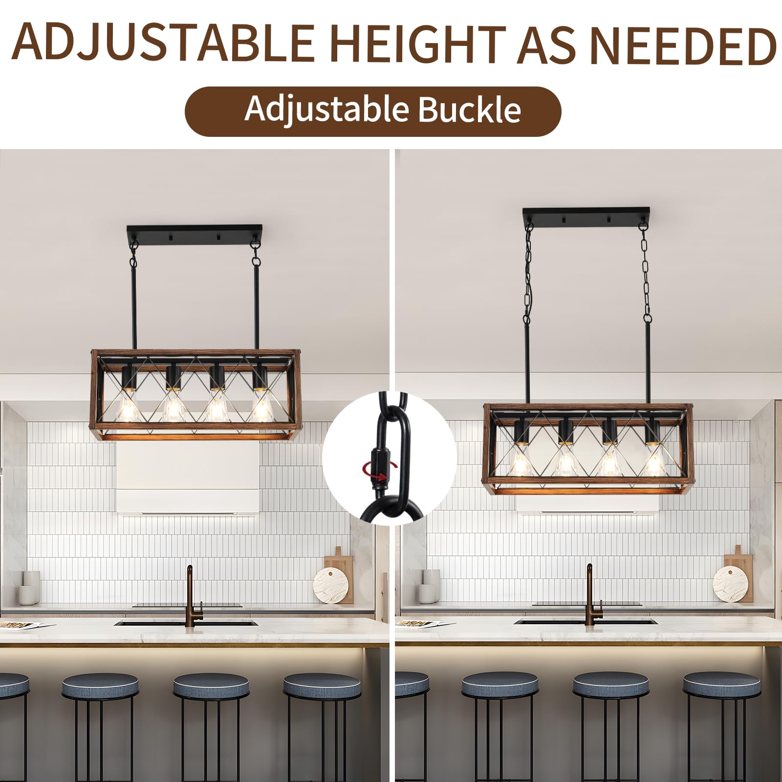 SEEBLEN Farmhouse Pendant Light Fixture - 39 Inch Adjustable Height, 4-Light Wood Grain Finish Chandelier for Dining Room, Kitchen Island & Bar | Rustic Lighting for Farmhouse Decor, Breakfast Nook & Kitchen Sink Area