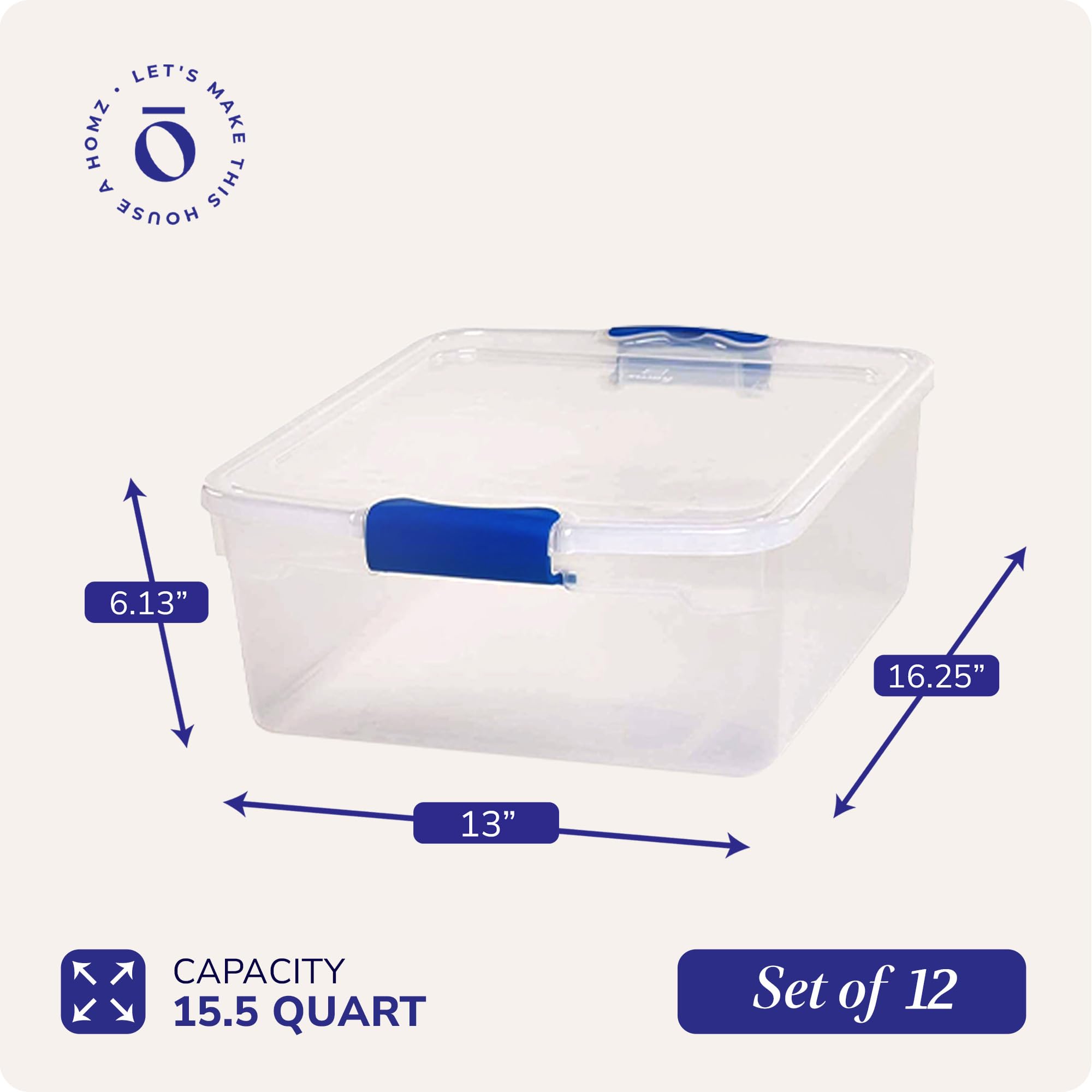 HOMZ 12-Pack Clear Plastic Storage Bins with Lids - 15.5 Quart Organizing Containers with Blue Latches | Perfect for Pantry, Closet, Garage & Toy Organization