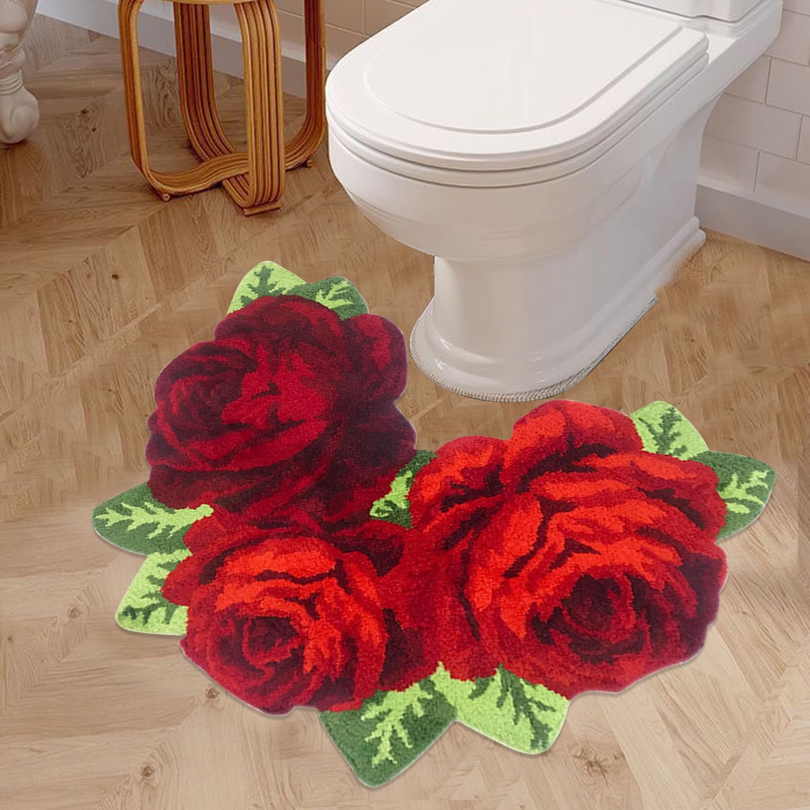 ABREEZE Red Rose Shaped Bathroom Rug - Non-Slip U-Shaped Contour Toilet Mat, Plush Shaggy Carpet for Shower & Bath (Ideal for Valentine's Day Decor, Romantic Bedroom Accent)
