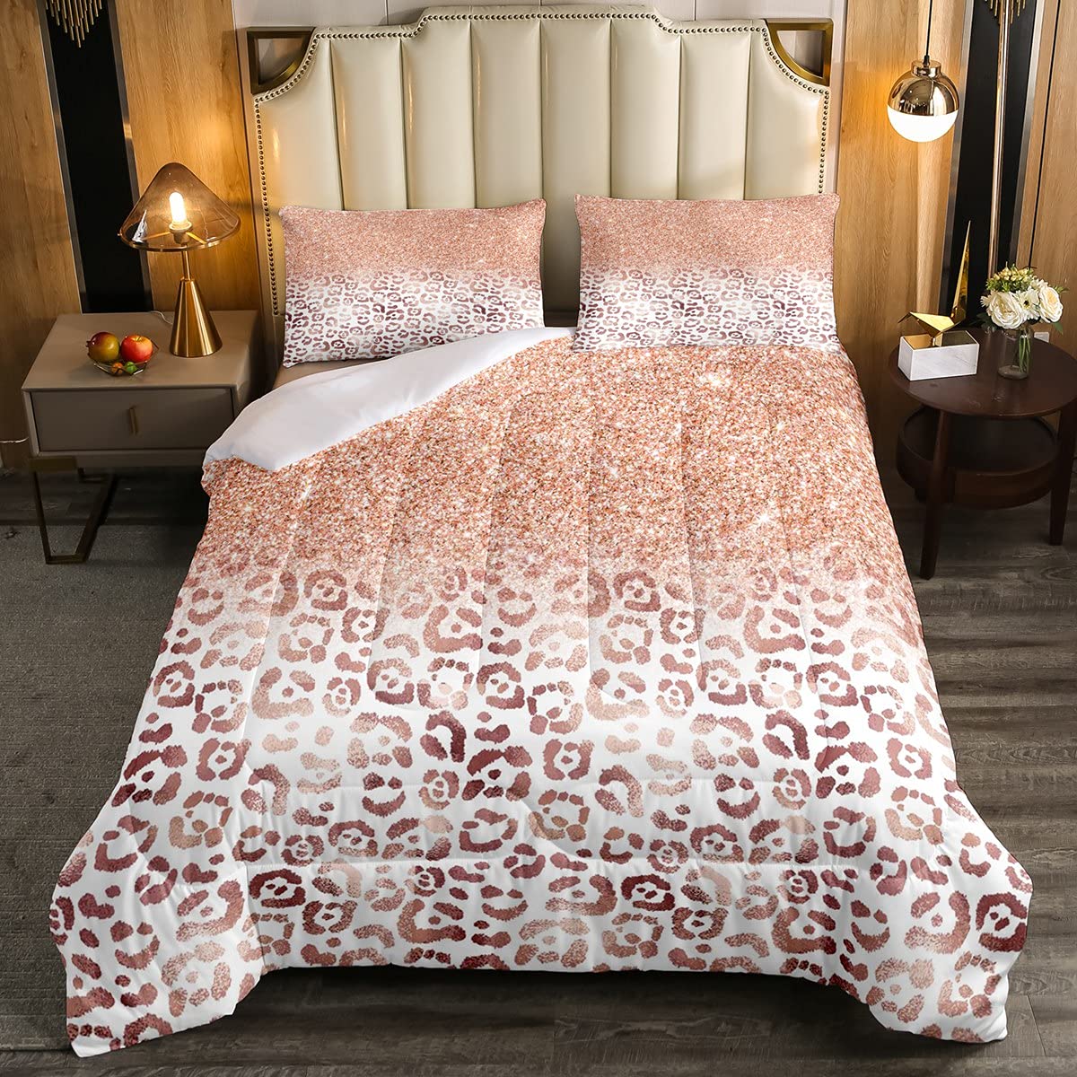 Leopard Print Down Comforter Set - Pink Sequins & Shiny White Rose Gold Marble Bedding for Girls | Crystal Glitter Abstract Quilt with 1 Comforter & 2 Pillowcases (Queen Size) | Perfect for Kids' Bedroom, Teen Room Decor & Cozy Sleep