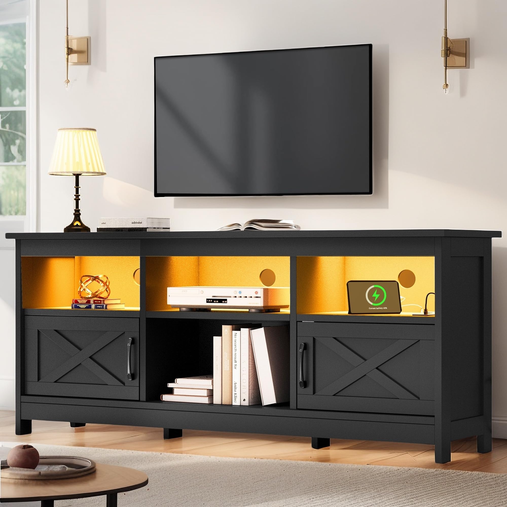 YITAHOME 65 Inch TV Stand with Storage Cabinets, Power Outlet & LED Lights - Modern Entertainment Center Media Console for Living Room, Bedroom or Home Theater - Black