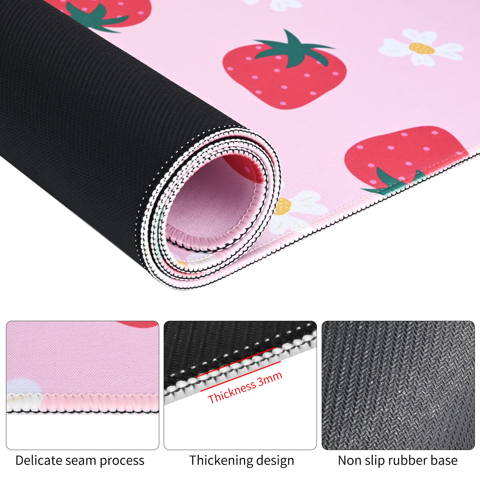 Seorsok XXL Extended Gaming Mouse Pad - 31.5x15.7 Inch Large Desk Mat with Non-Slip Rubber Base & Stitched Edges - Pink Strawberry Design for Girls - Perfect for Gaming, Office Work & Computer Use