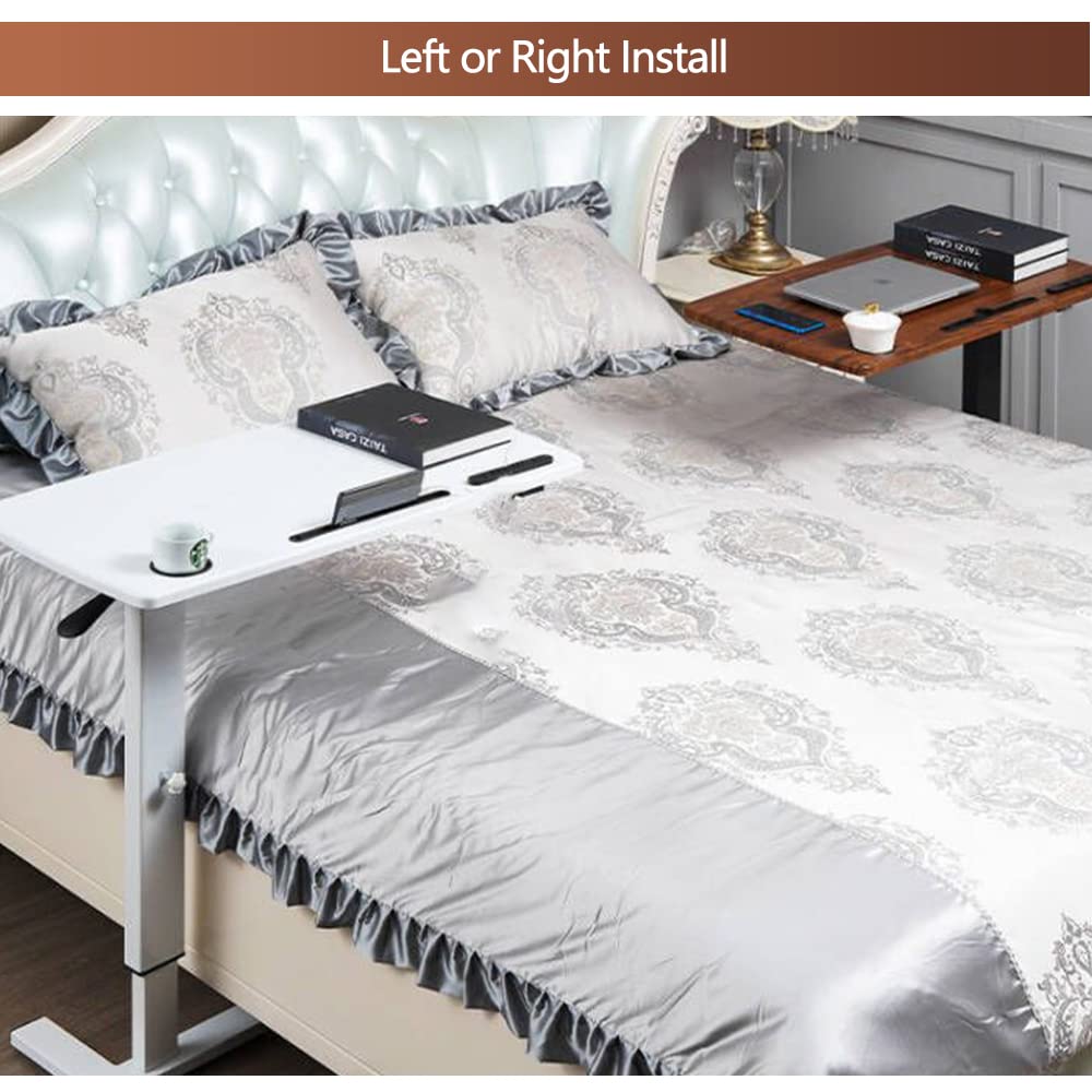 Adjustable Overbed Table with Wheels & USB Port - Hospital Bed Table, Pneumatic Height Adjustable for Home & Medical Use - Walnut & Marble White Finish - Perfect for Eating, Working, Reading in Bed or Recovery