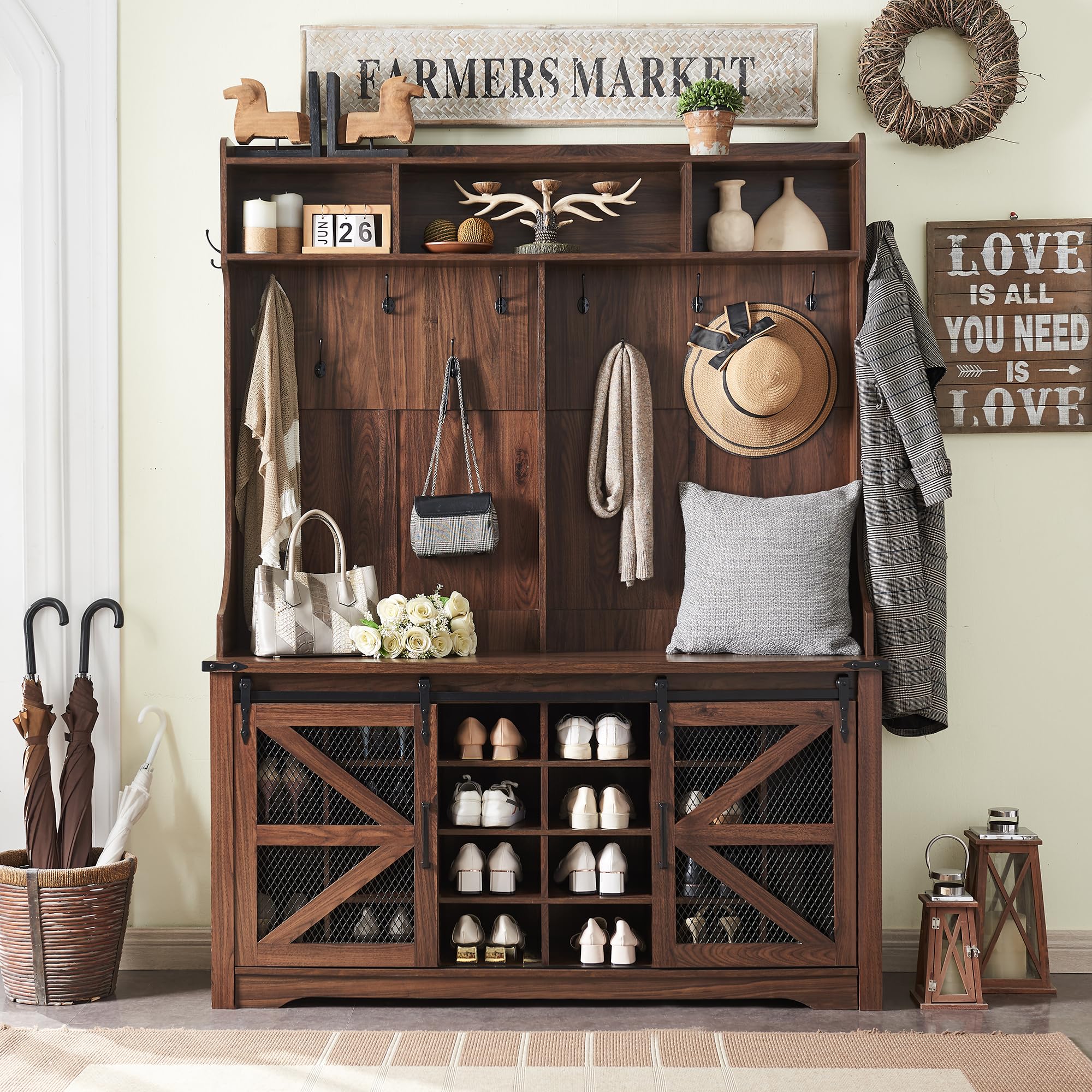 Farmhouse Entryway Bench with Coat Rack - 59