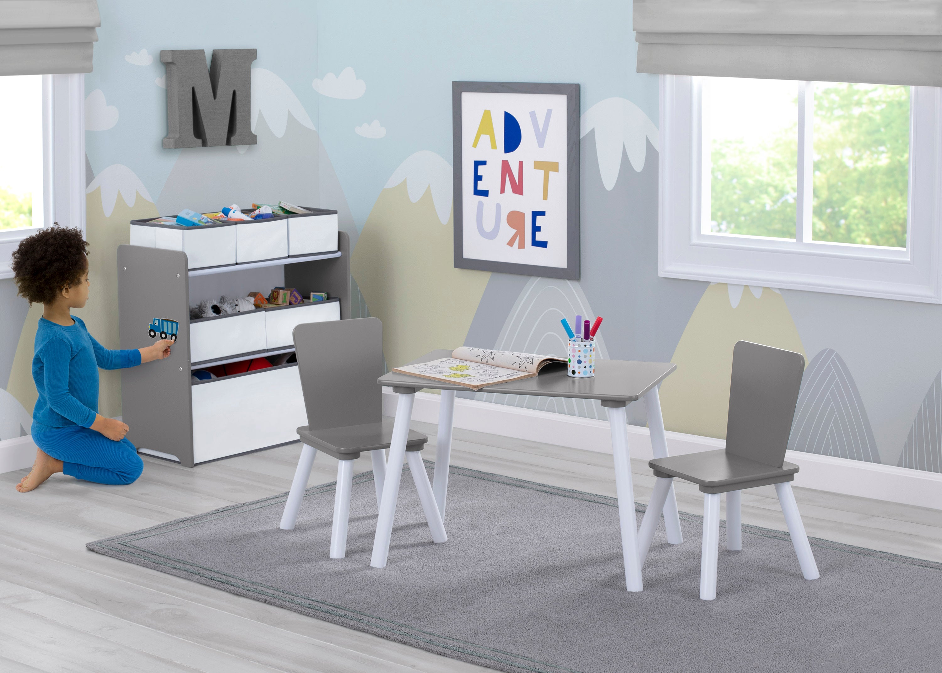 4-Piece Toddler Playroom Set with Play Table & 6-Bin Toy Organizer | Includes Reusable Vinyl Cling Stickers | Perfect for Daycare, Preschool & Home Play Areas