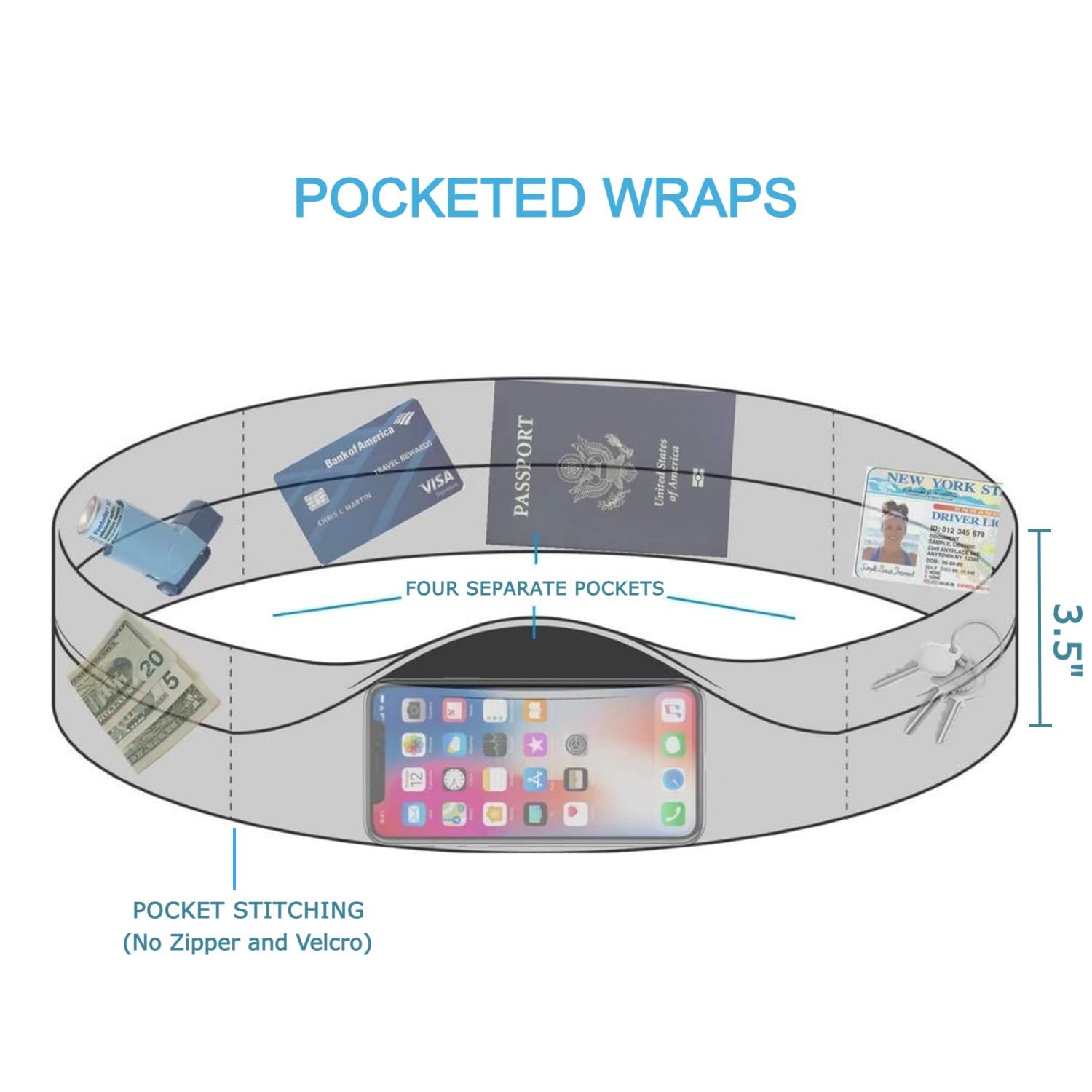 BANDI Pocketed Wraps - Secure Comfortable Versatile Wristband for Active Lifestyle | Travel Fitness Gym Running Hiking Yoga Daily Use | Sweat-Wicking Phone Holder Accessory