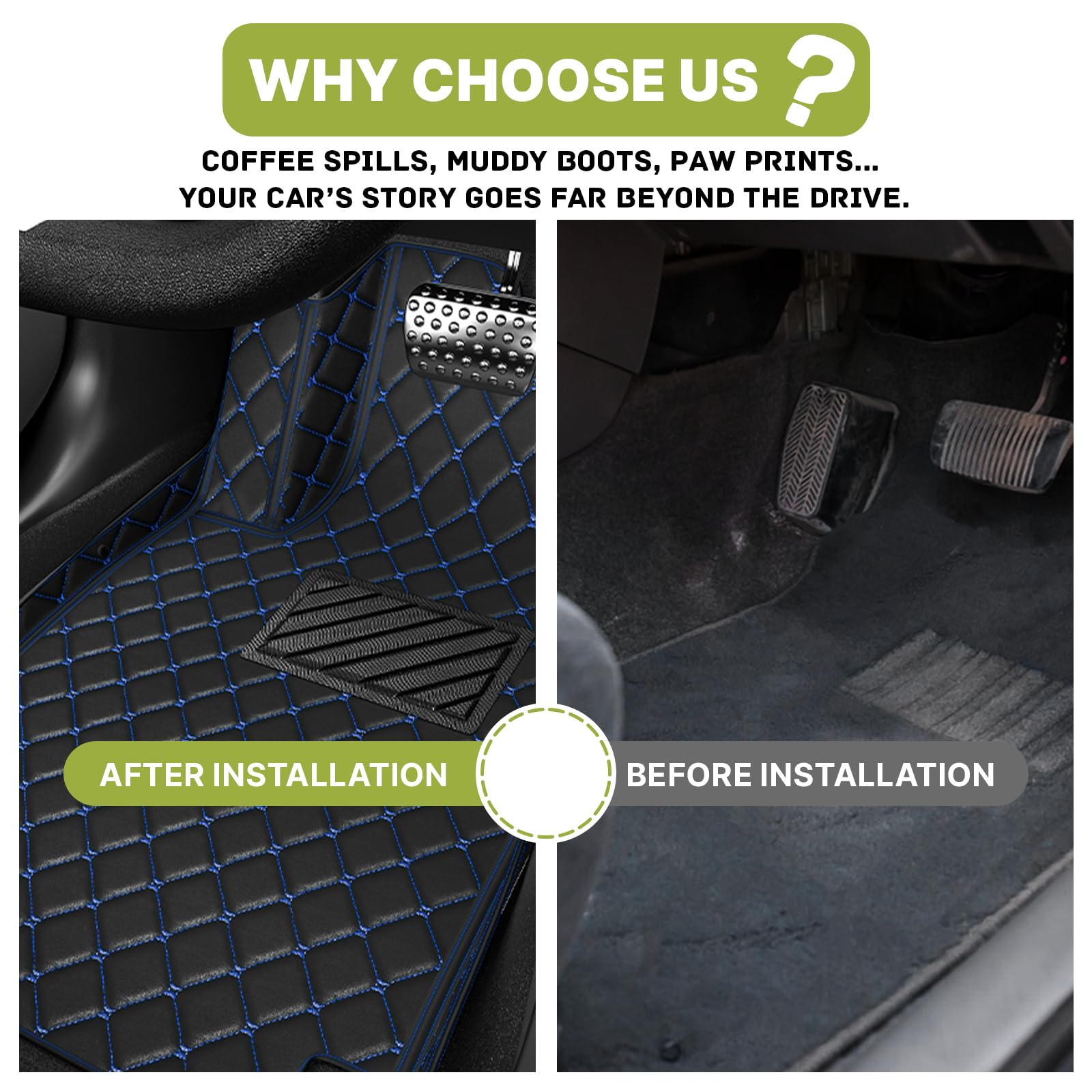 All-Weather Custom Fit Car Floor Mats for Dodge Charger 2007-2022 - Non-Slip Leather Floor Liners (Fits Charger SRT 2011-2019, Black-Blue) | Perfect for Daily Commuting, Road Trips & Winter Protection