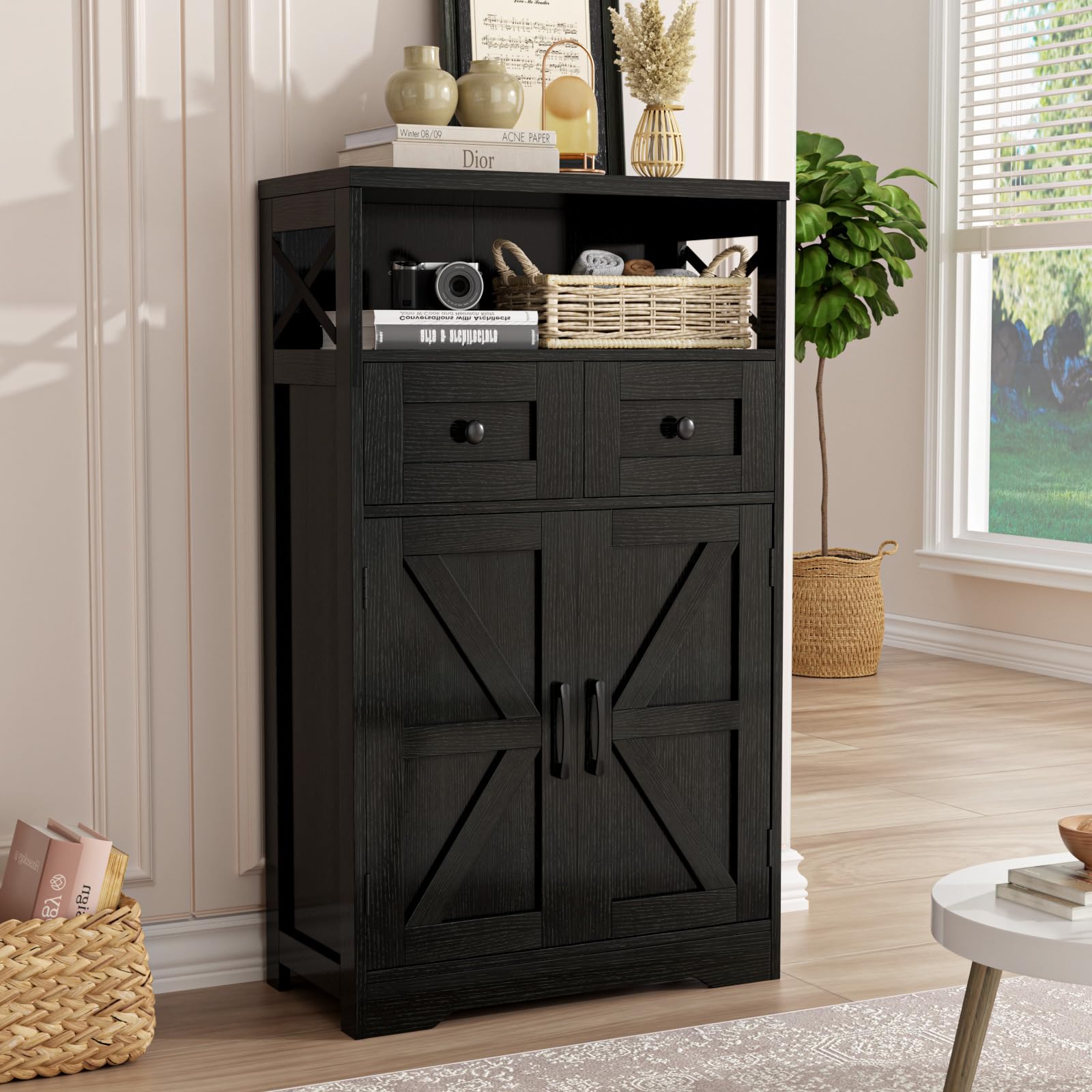 Black Farmhouse Kitchen Pantry Cabinet with Doors & Shelves - Freestanding Floor Hutch Cupboard for Coffee Bar Storage - Perfect for Kitchen, Laundry Room & Living Room Organization