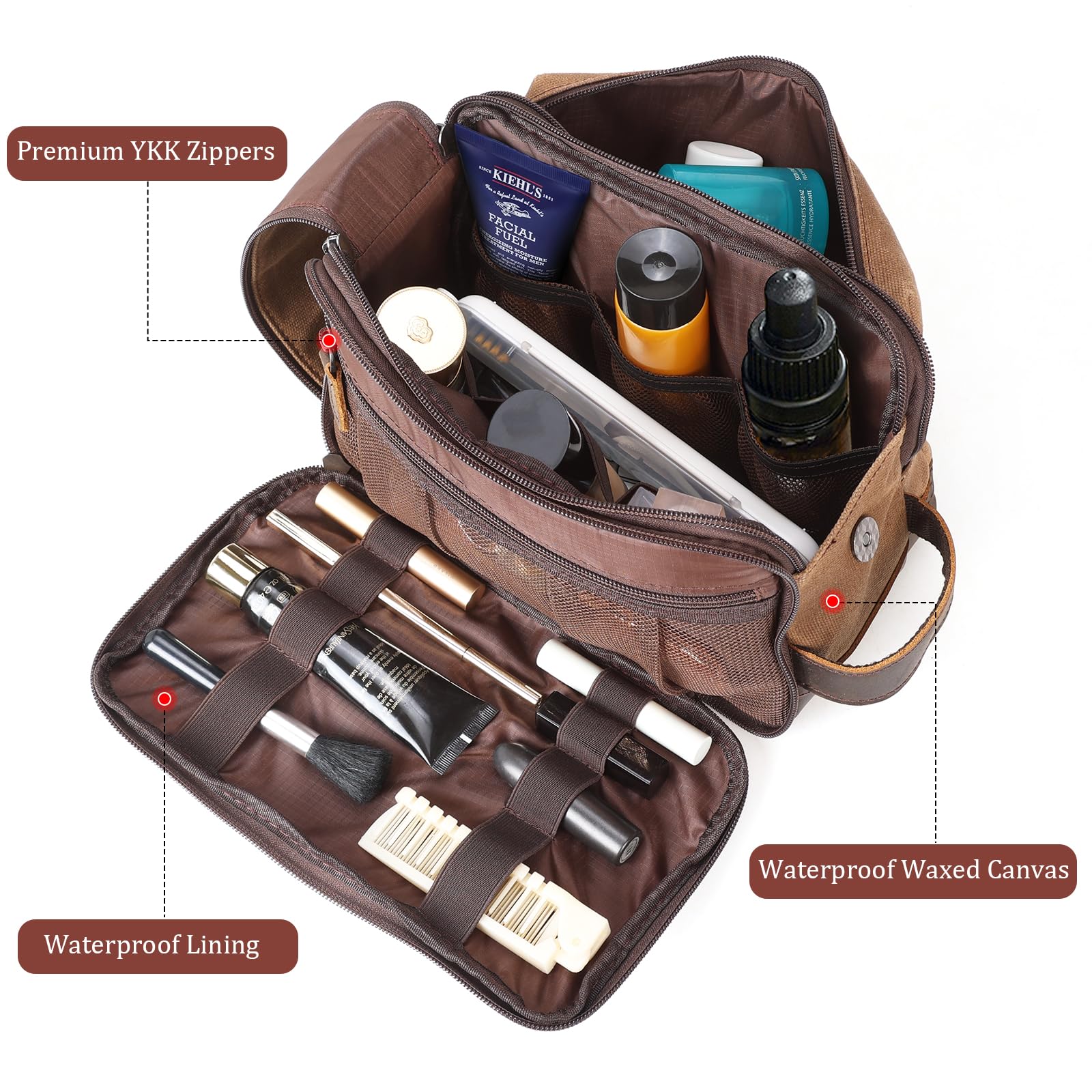 Premium Full Grain Leather & Waxed Canvas Travel Toiletry Bag - Large Waterproof Dopp Kit with YKK Zippers for Men & Women (Brown) - Ideal for Camping, Business Trips & Vacation Essentials Organization