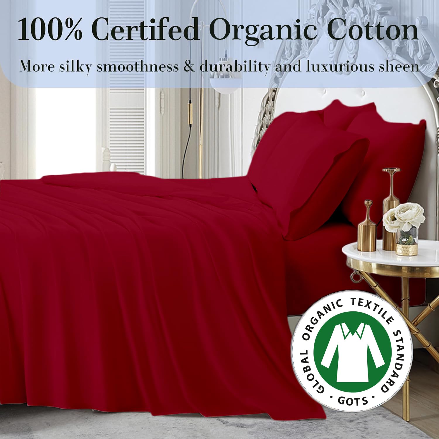 4Pc California King Size Sheet Set - 100% Organic Cotton, 800 Thread Count, Soft & Breathable Luxury Sheets with 8-12