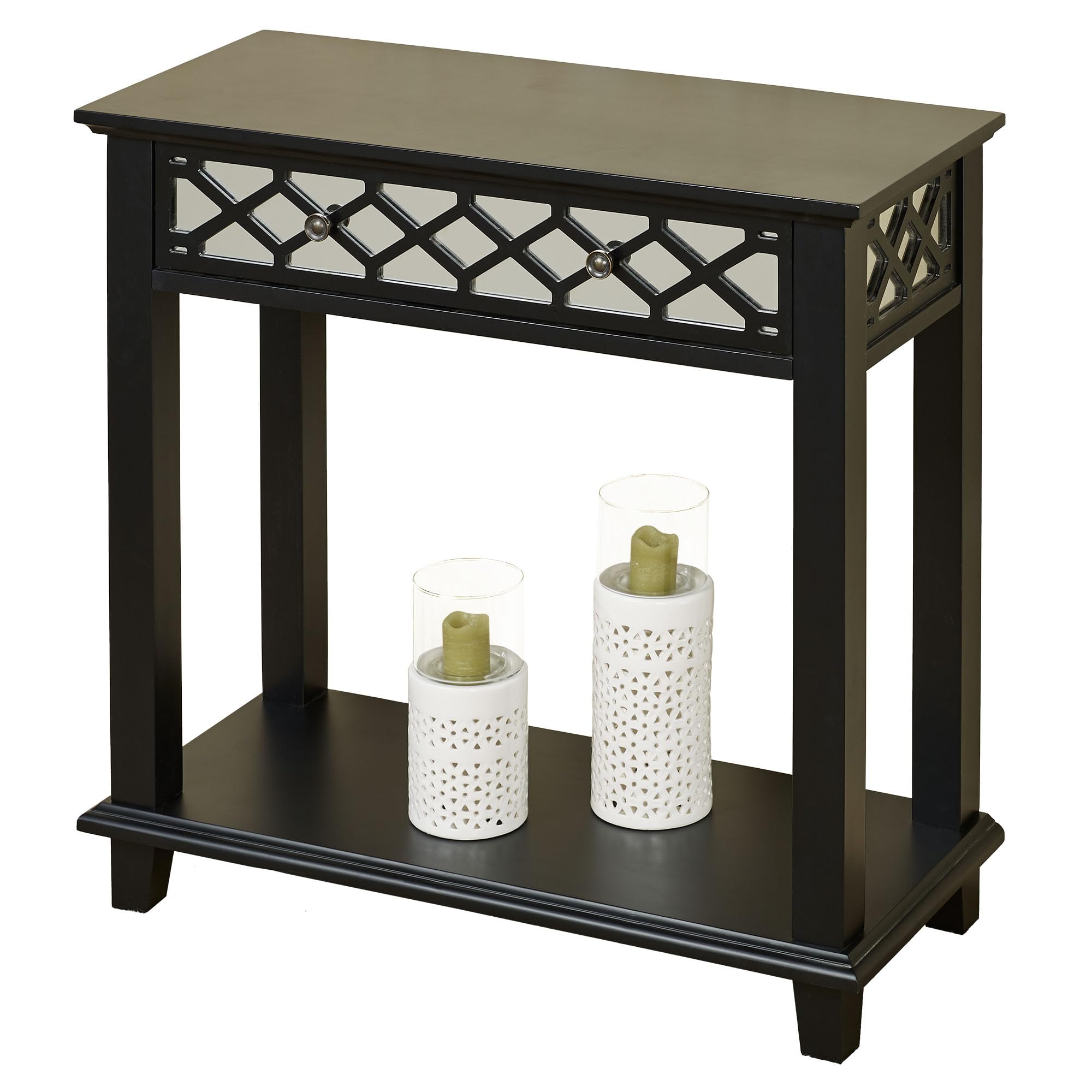 Modern Traditional Black Console Table with Drawer - Wooden Accent Entryway Furniture for Hallway & Foyer | Contemporary Chic Design with Glass Top & Metal Pulls | Perfect for Home Decor, Living Room, Bedroom & Office