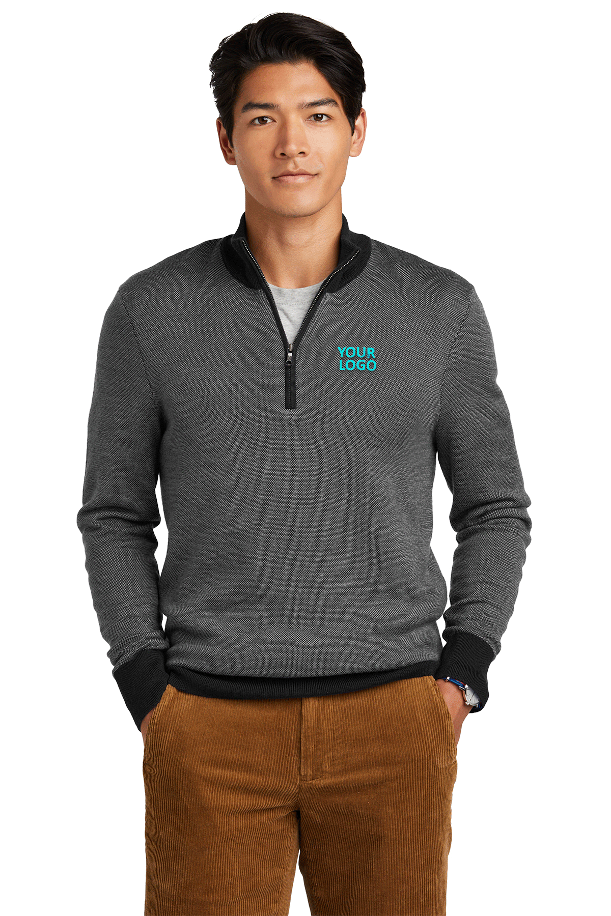 Brooks Brothers Washable Merino Birdseye Custom 1/4 Zip Sweater for Men - Deep Black/Shadow Grey | Premium Wool Pullover for Business Casual & Office Wear