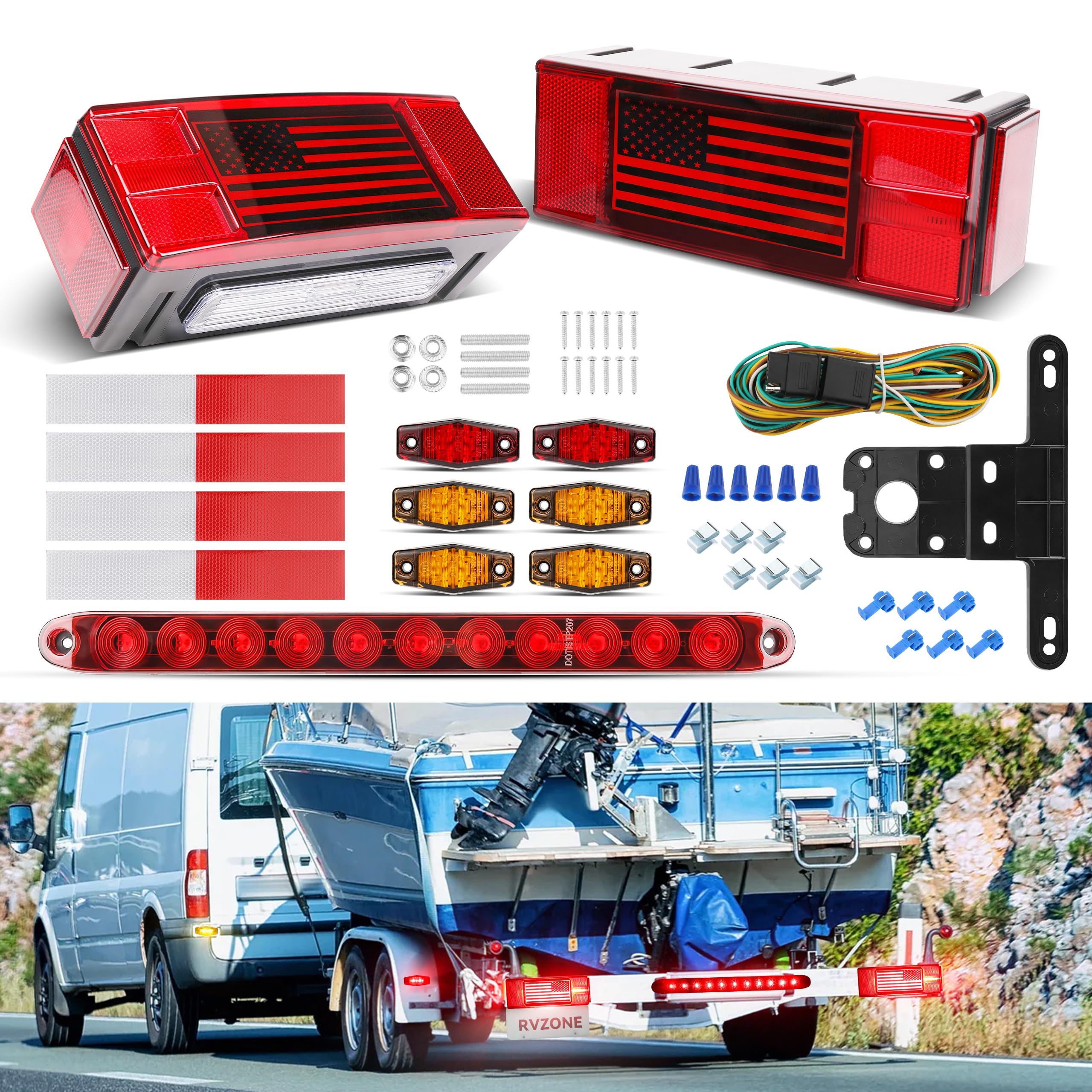 LED Trailer Lights Kit - IP68 Waterproof Submersible Brake Lights, Marker Lights & License Plate Lights with Wiring Harness for Utility, Boat, Truck, RV Trailers - Perfect for Towing, Hauling & Off-Road Adventures