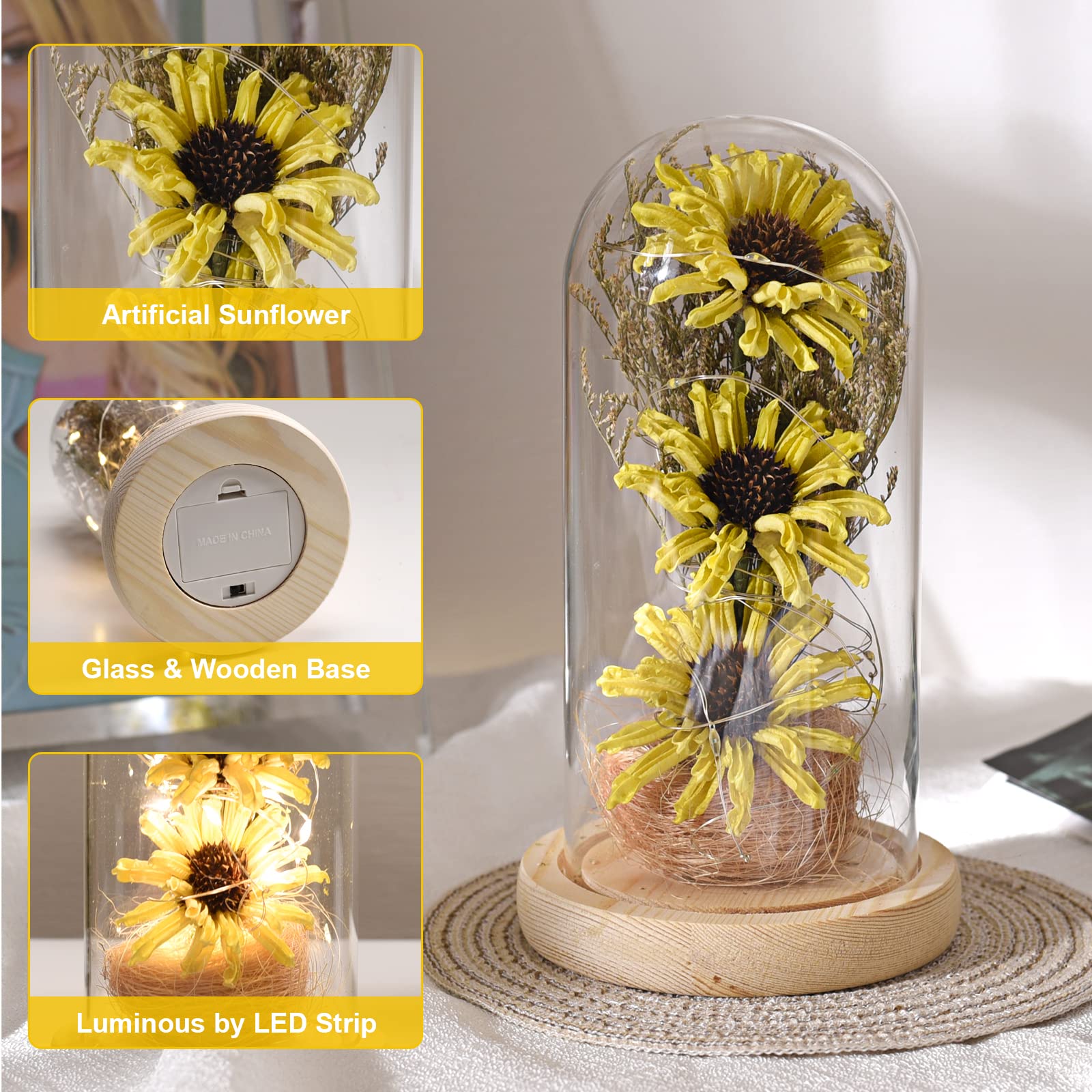 Sunflower Gifts for Women - LED Artificial Sunflowers in Glass Dome, Birthday & Holiday Gift for Mom, Grandma - Mother's Day, Christmas, Valentine's Day Home Decor (Yellow) - Perfect for Living Room, Bedroom, Office Desk & Wedding Centerpieces