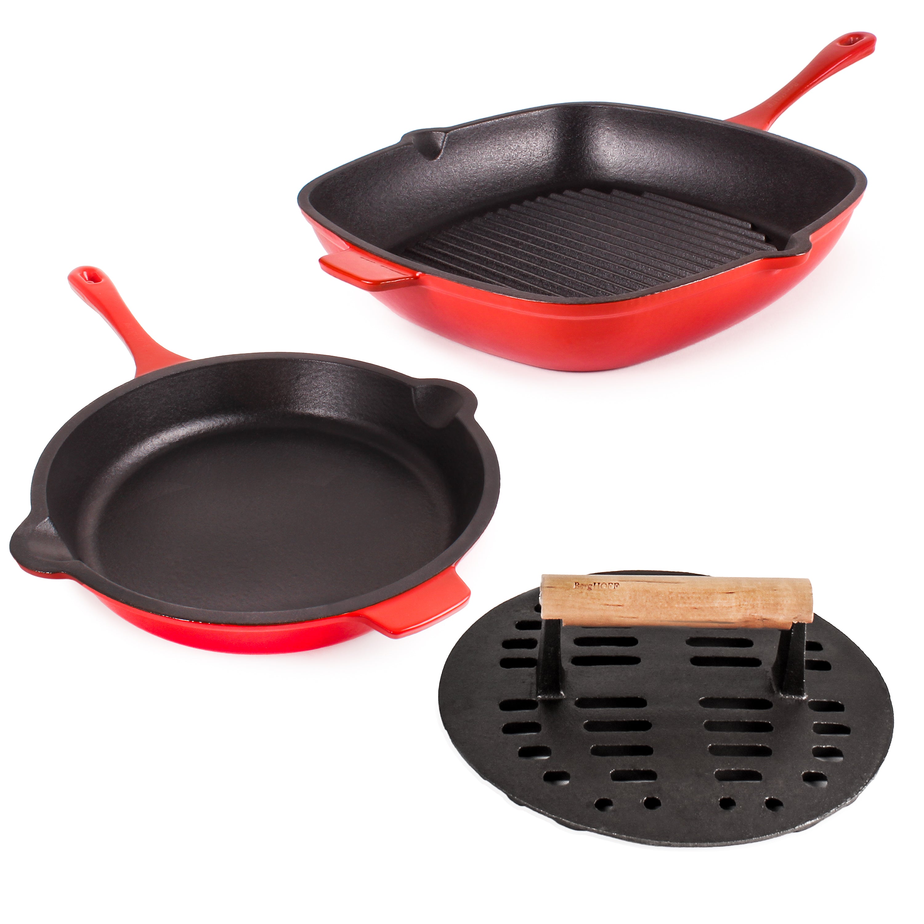 BergHOFF Neo 3-Piece Cast Iron Cookware Set - Red Fry Pan, Grill Pan & Slotted Steak Press | Heavy Duty Non-Stick Skillet for Searing, Grilling & Cooking Steaks | Perfect for Stovetop, Oven & Outdoor BBQ Use