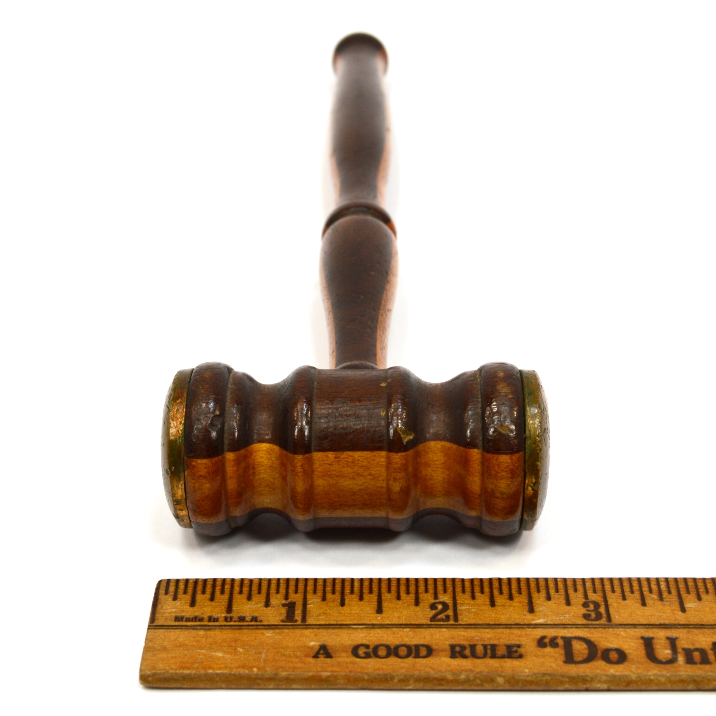 Antique 2-Tone Turned Hardwood Gavel - Mahogany & Oak with Brass Face Plates | Beautiful Courtroom & Auction Hammer for Judges, Collectors & Legal Professionals
