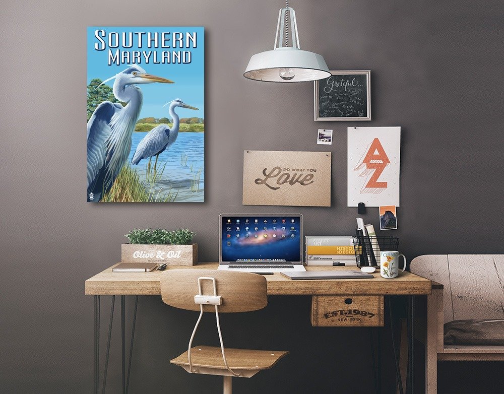Lantern Press Southern Maryland Blue Herons Wall Art - 16x24 Wrapped Canvas Print for Home & Office Decor - Coastal & Nature Inspired Living Room Bedroom Painting