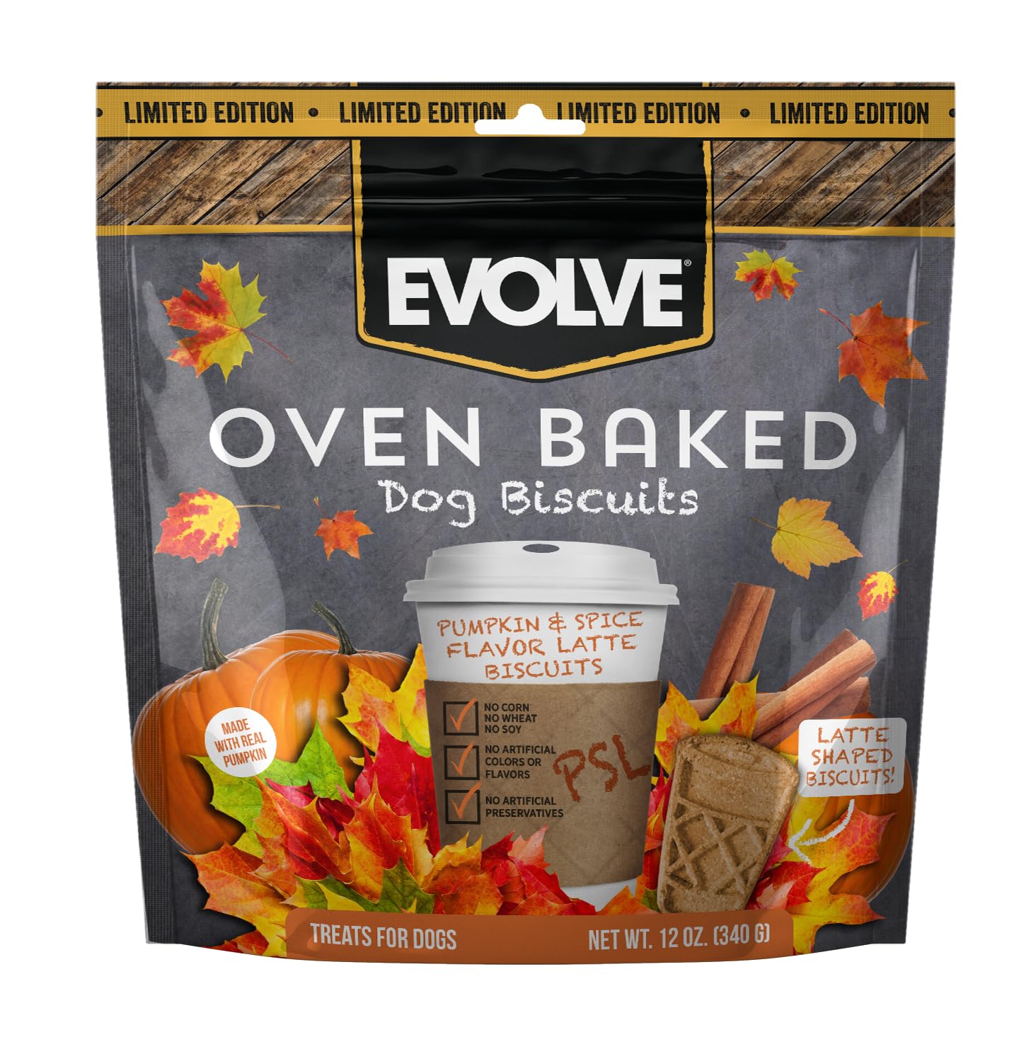 Evolve Oven Baked Pumpkin Spiced Latte Dog Treats, 12oz - Healthy Dog Biscuits for Training, Rewards & Snacks - Perfect for Fall Season & Thanksgiving Treats