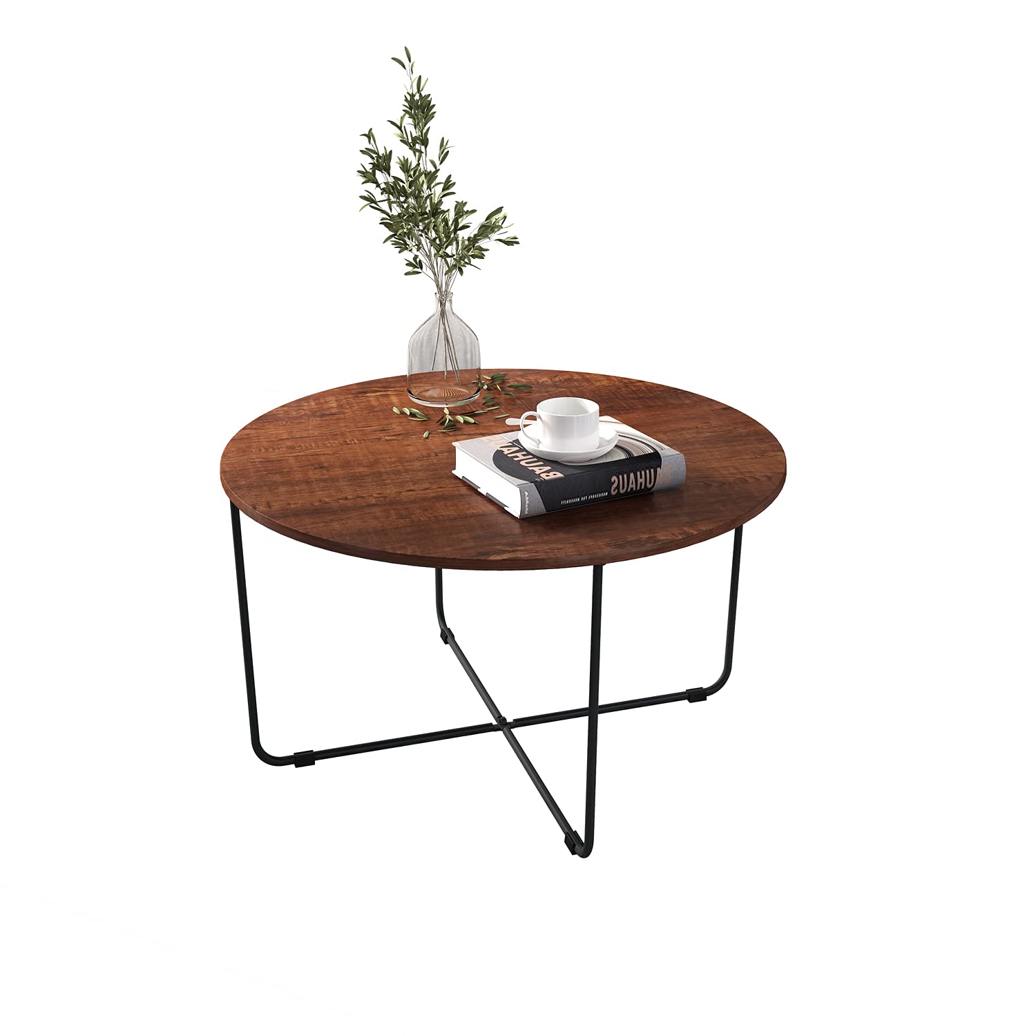 Round Wood Coffee Table with Metal Frame - 32.7 Inch Sandalwood Circle Coffee Table for Living Room, Office & Lounge - Modern Center Table for Home Decor & Small Spaces