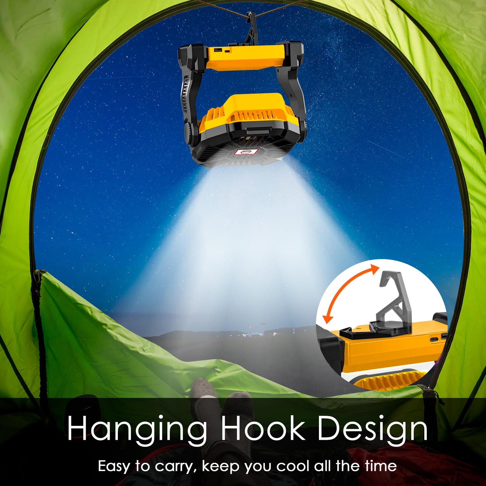 Lostrain Rechargeable Camping Fan with LED Light - 36H Runtime, 10400mAh Battery, USB Portable Desk Fan - Ultra Quiet with Hanging Hook - Perfect for Outdoor Camping, Picnic, BBQ, Fishing & Travel - Yellow