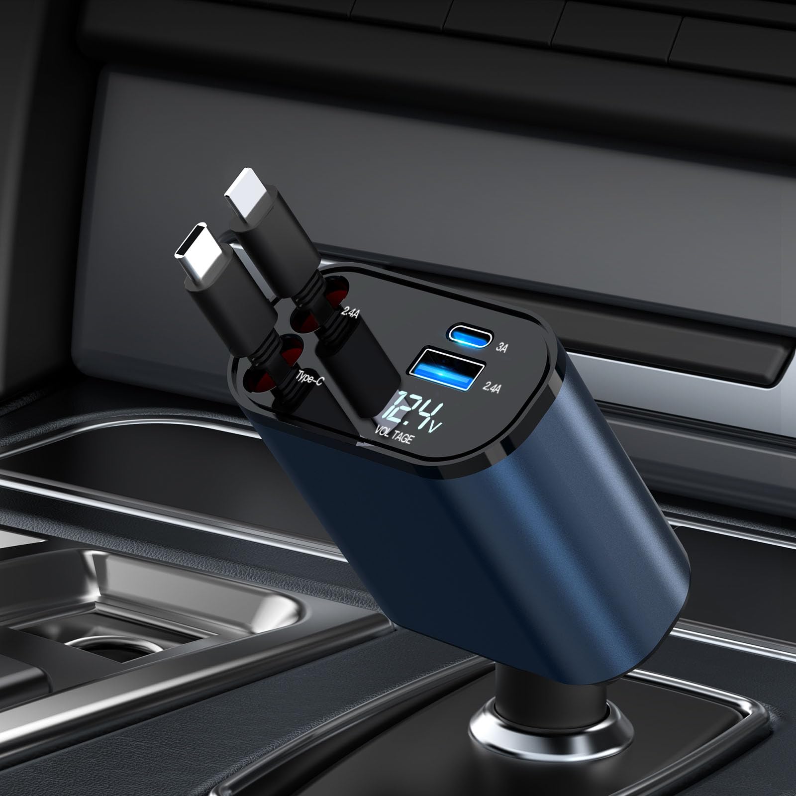 60W 4-in-1 Retractable Car Charger with Fast Charging & 2 USB Ports - Compatible with iPhone 16/15/14/13/12/11 Pro Max, Galaxy S23 & Pixel - Perfect for Road Trips & Daily Commutes