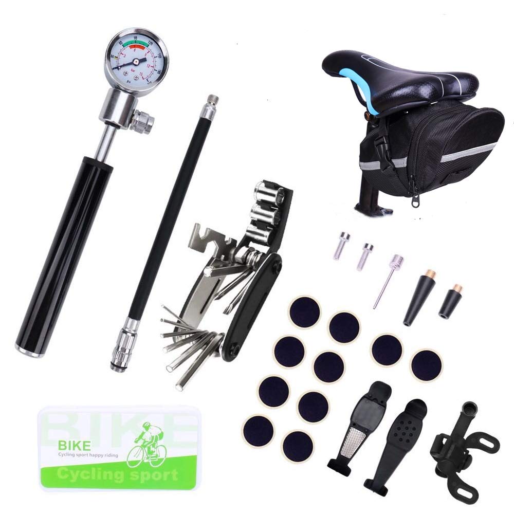 Portable Bike Tire Repair Kit with Mini Pump, 16-in-1 Multi-Tool, Tire Levers & Tail Bag - Complete Cycling Tool Set for Road, Mountain & BMX Bikes - Perfect for Emergency Repairs On-The-Go