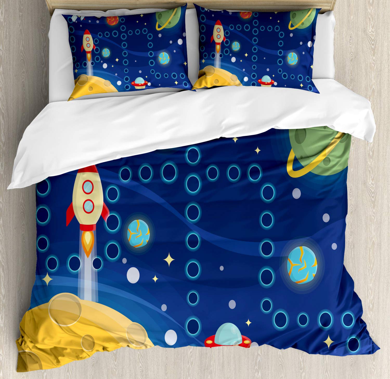 Ambesonne Cartoon Space Duvet Cover Set - Colorful Interplanetary Travel Racing Design, 3-Piece Queen Size Bedding with 2 Pillow Shams | Fun Kids Room Decor, Space Themed Bedroom for Boys & Girls | Perfect for Cosmic Adventure Lovers & Sci-Fi Enthusiasts