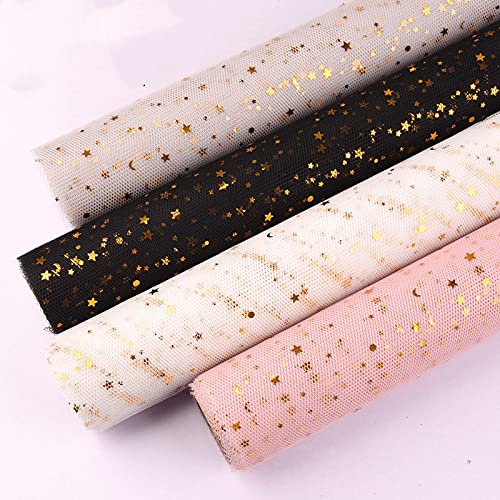Premium Gold Star Moon Yarn Flower Wrapping Paper - 48cm x 1m Roll, White Scrapbook Decorative Gauze for Bouquets, Floral Arrangements & DIY Crafts - Perfect for Wedding, Birthday & Gift Wrapping