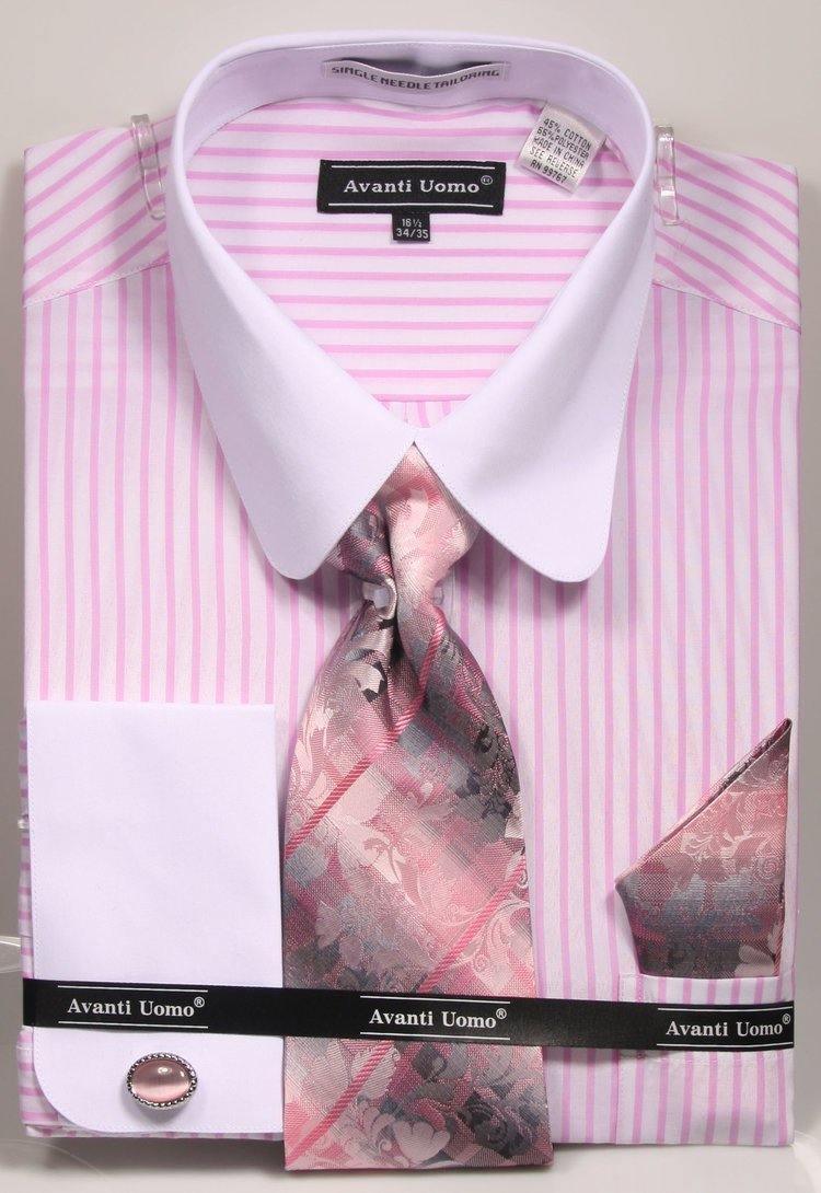 Men's Pink Pinstripe Shirt Set with White Rounded Collar - Formal & Casual Wear for Office, Party & Special Occasions
