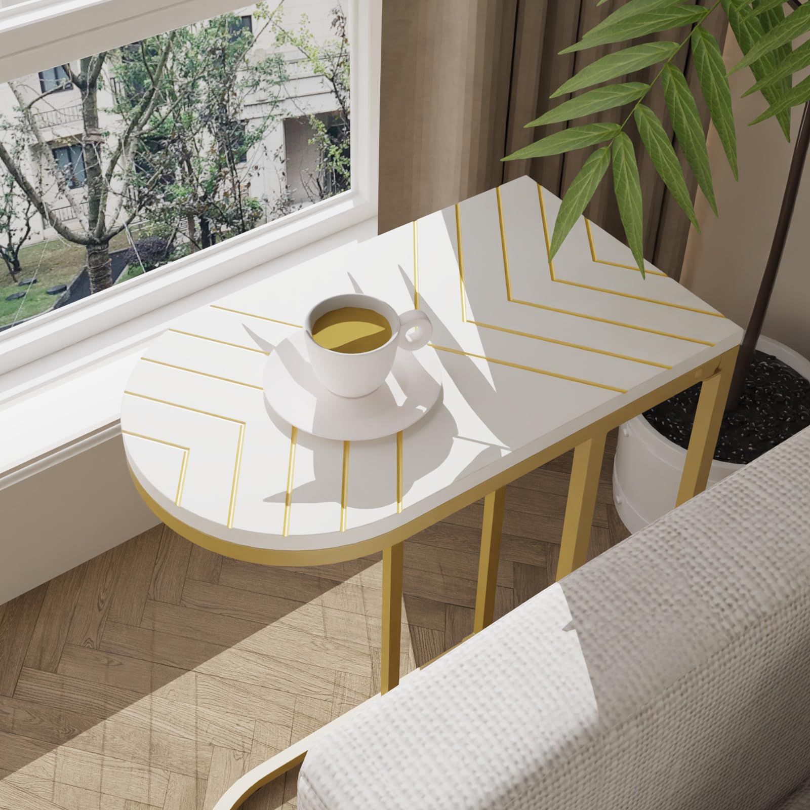 RiteSune Gold Folding C-Shaped End Table - Space Saving TV Tray & Snack Table with Metal Frame - Slide Under Couch Side Table for Living Room, Bedroom - Perfect as Sofa-Side Laptop Desk for Small Spaces