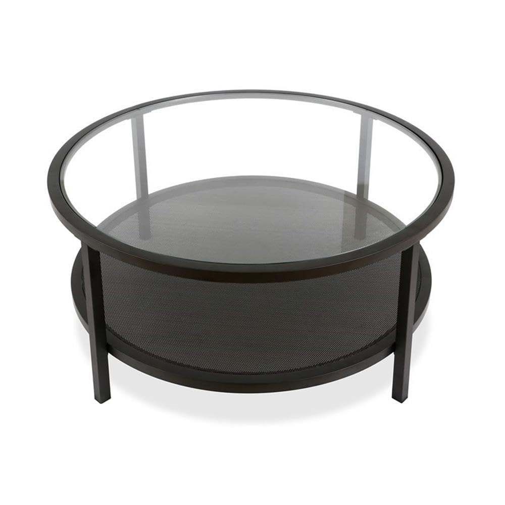 Black Metal Rectangular Mesh Shelf with Glass Top Coffee Table - Modern Living Room Furniture for Home Decor & Storage